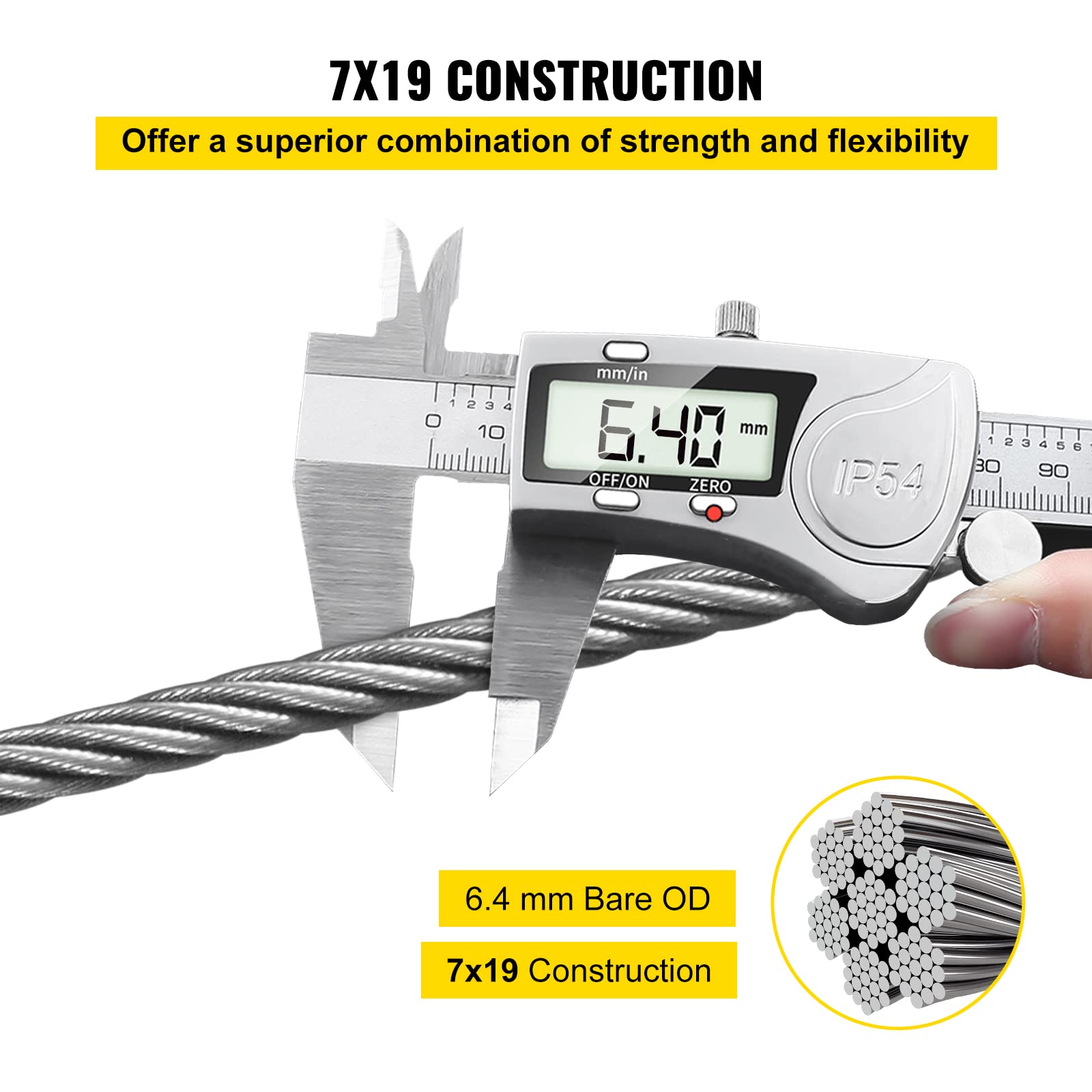 VEVOR Câble en Acier Inoxydable, 6,4 mm x 61 m, Câble Métallique Inox Tressé 7x19 Qualité Marine Résistance à la Rupture 2900 kg pour Garde-corps, Balustrade, Guirlande Lumineuse à Suspendre, Clôture