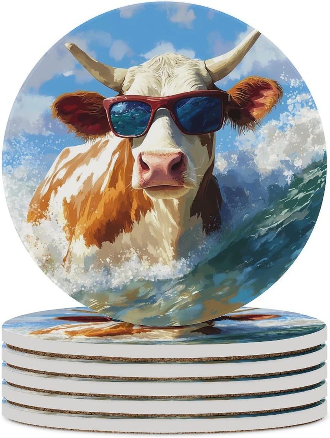 Surfing Cow Waves Round Ceramic Coasters Print Drinks Absorbent with Cork Base for Home Decor Gifts 4 Inch