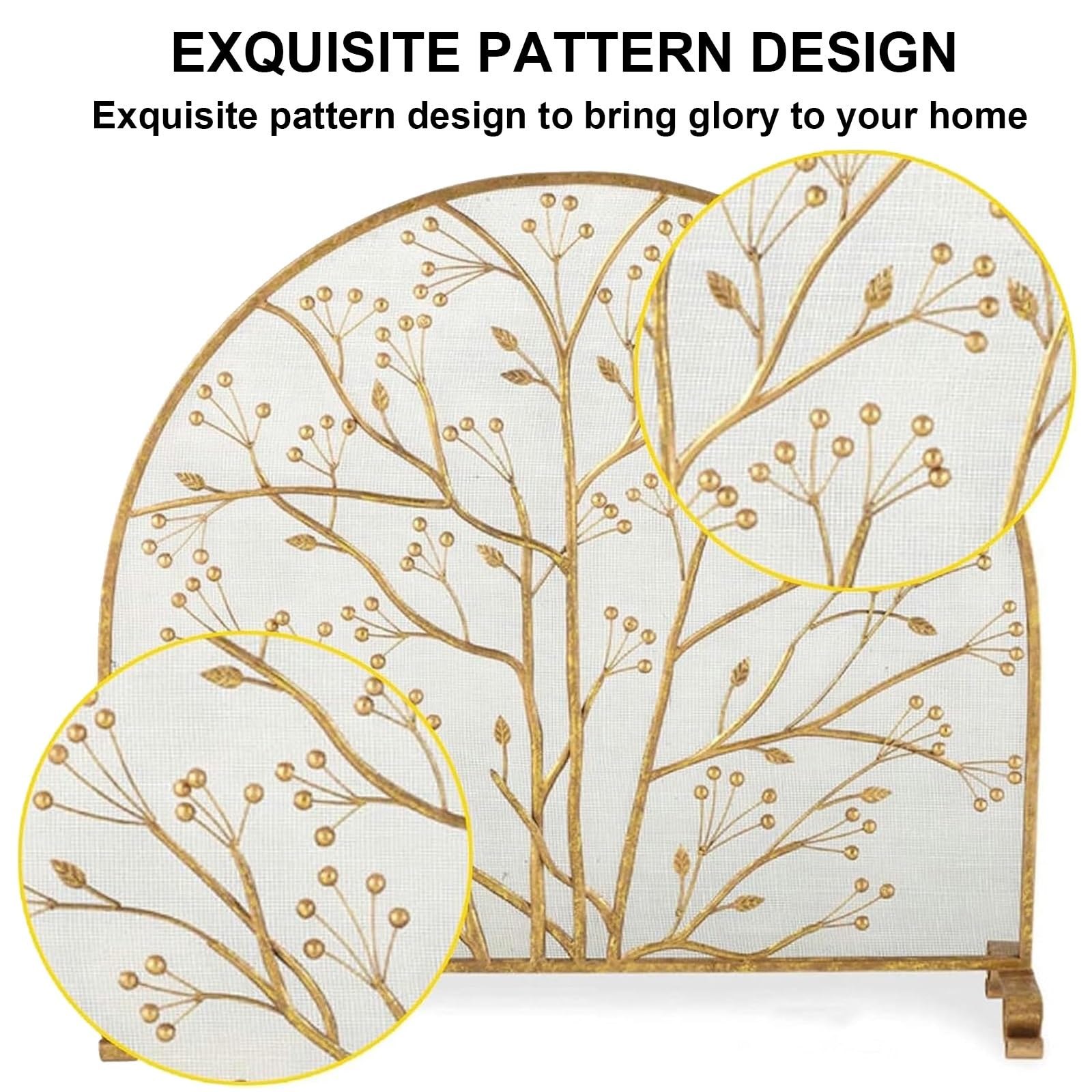 Parascintille/Griglia per Camino, 96x90x22 cm, in Ferro Battuto, Divisorio per Camino, per Arredamento Del Soggiorno(Gold)