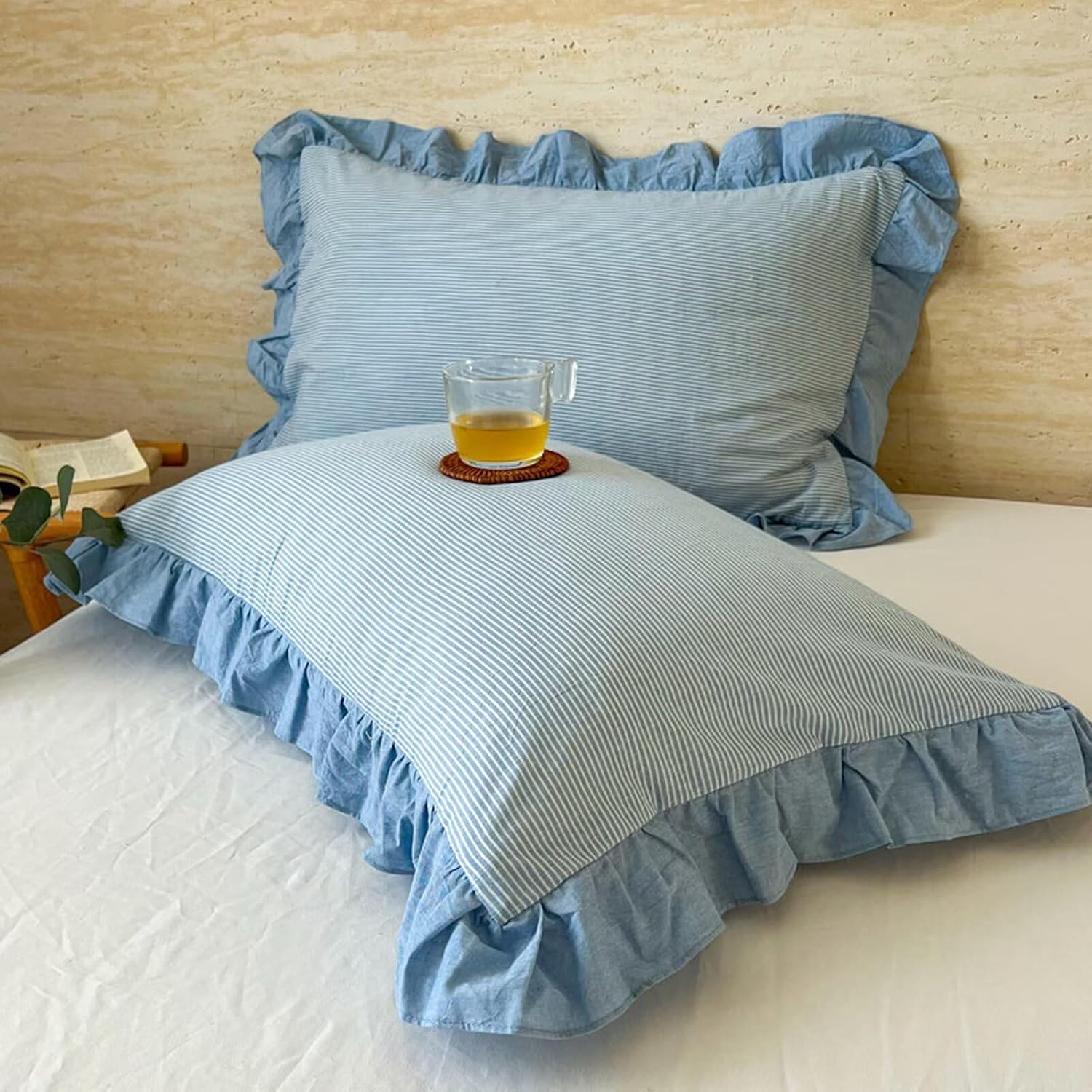 JadeRich Set of 2 Stripe Bed Pillow Covers Soft Breathable All Cotton 20x30 Inch Striped Ruffle Pillowcases