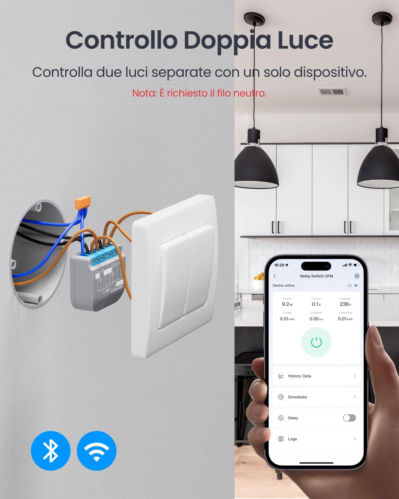SwitchBot Matter Relè Interruttore 2PM, Modulo Relè Interruttore con Misuratore di Potenza, Interruttore Wi-Fi&Bluetooth Funziona con Alexa/Apple Homekit/Google Home, 2.4GHz, 2 Pezzi