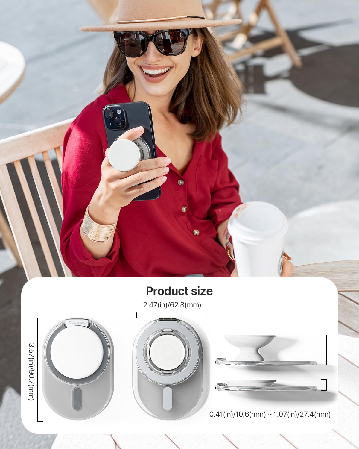 Sinjimoru Soporte de agarre para teléfono, compatible con MagSafe, anillo adaptador incluido, soporte de 3000 G para iPhone 17/16/15/14/13. Soporte M-Tap Tok blanco transparente