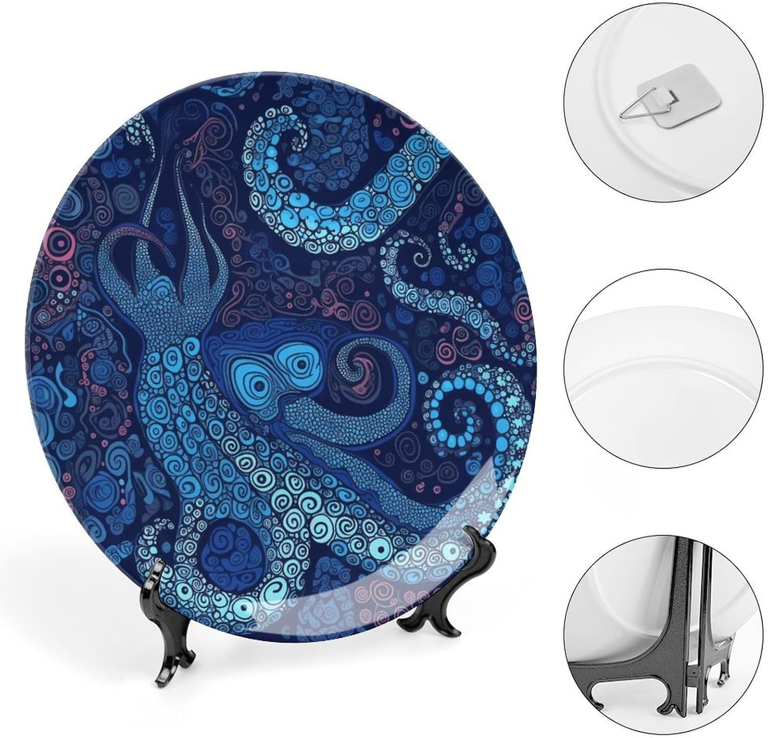 Blue Octopus Bone China Decorative Plate with Display Stand, Ceramic Ornaments Plate for Wall Hanging, Personalized Porcelain Plates for Office, Living Room 8inch