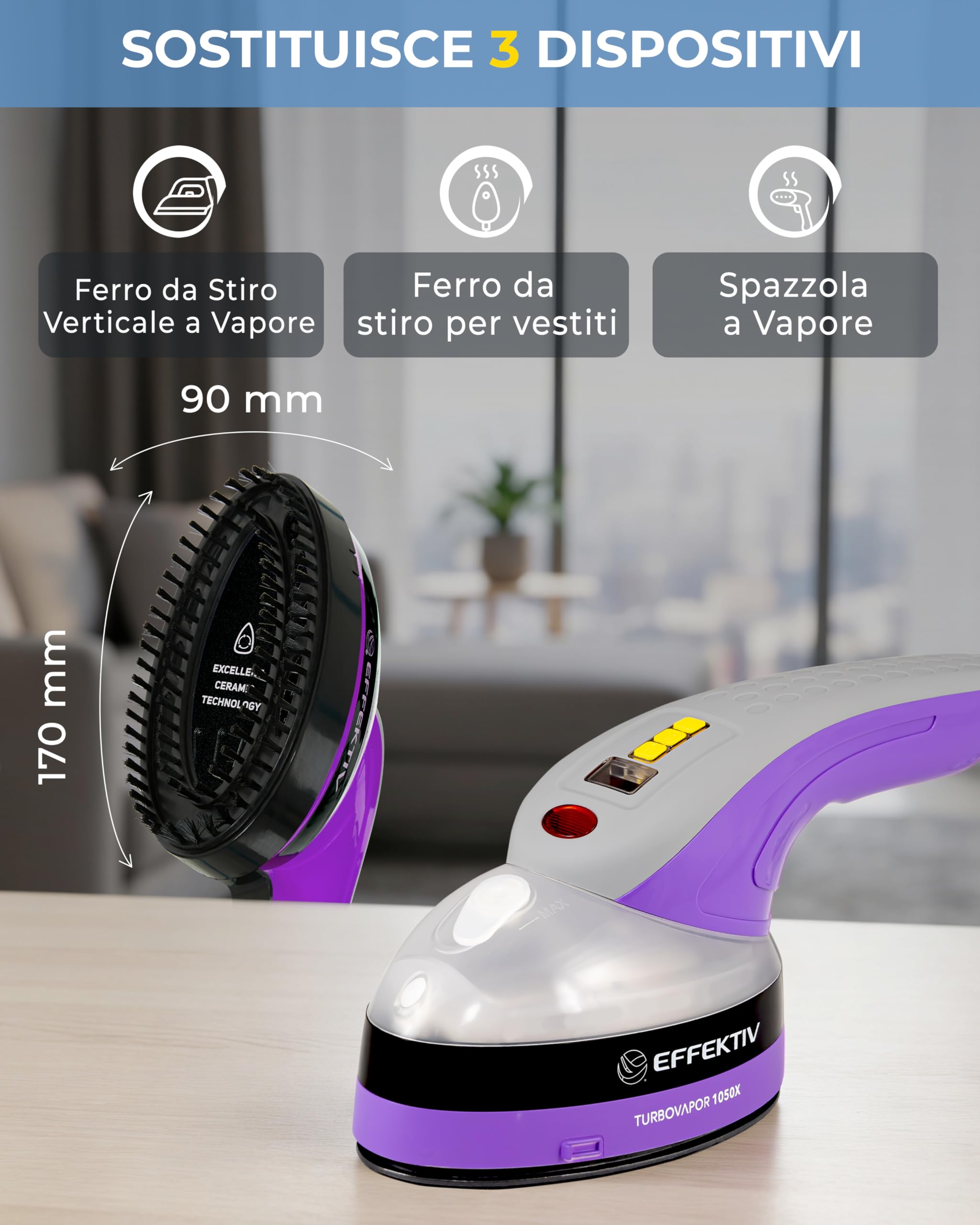 Ferro da Stiro Verticale a Vapore EFFEKTIV, 1800W, 3 in 1 Premium, Piastra in Ceramica, Spazzola a Vapore, Serbatoio 250 ml, Vapore Continuo 750 mg/s, Display LED, Autospegnimento, Cavo 3 m