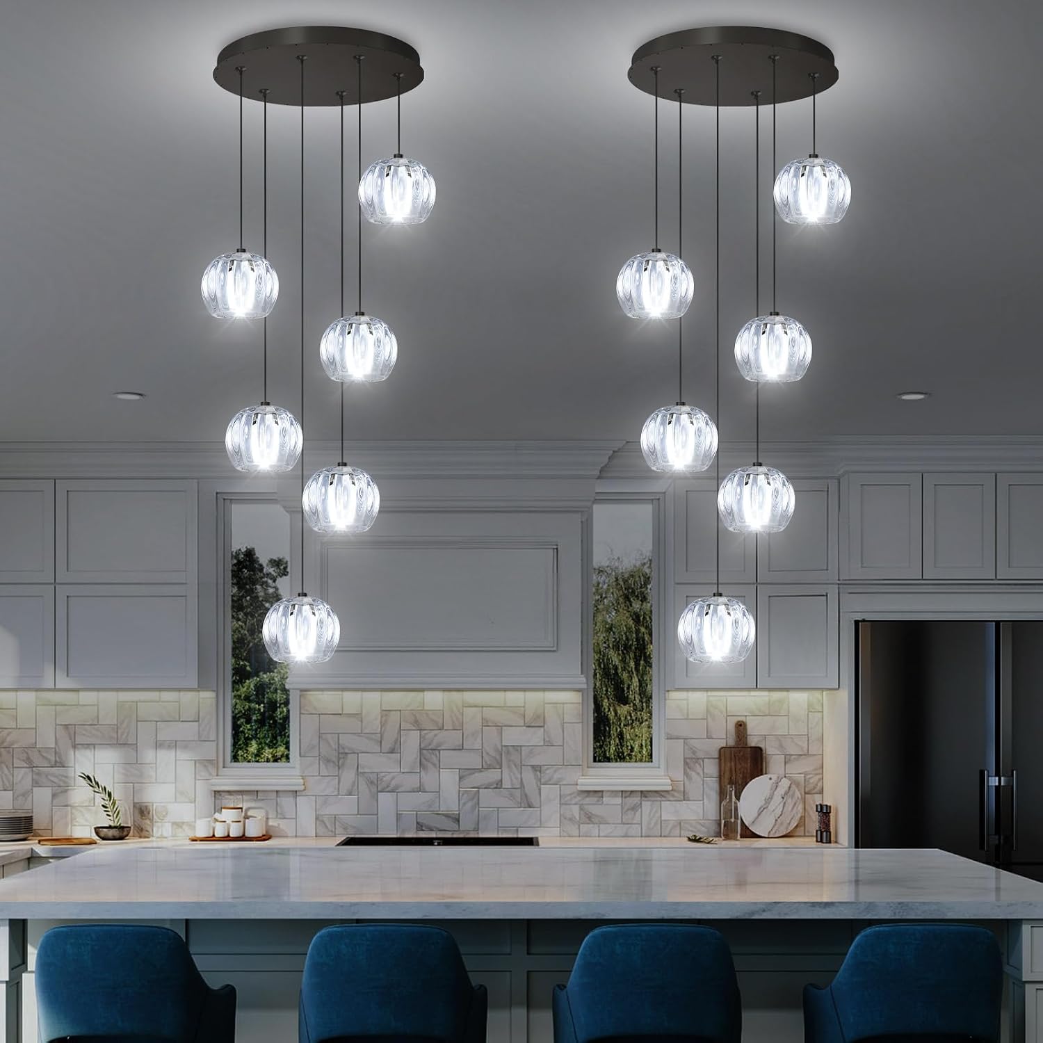 6 Light Modern Glass Chandeliers High Ceiling LED Dimmable Chandelier for Foyer Spiral Chandeliers for Staircase Living Room Black