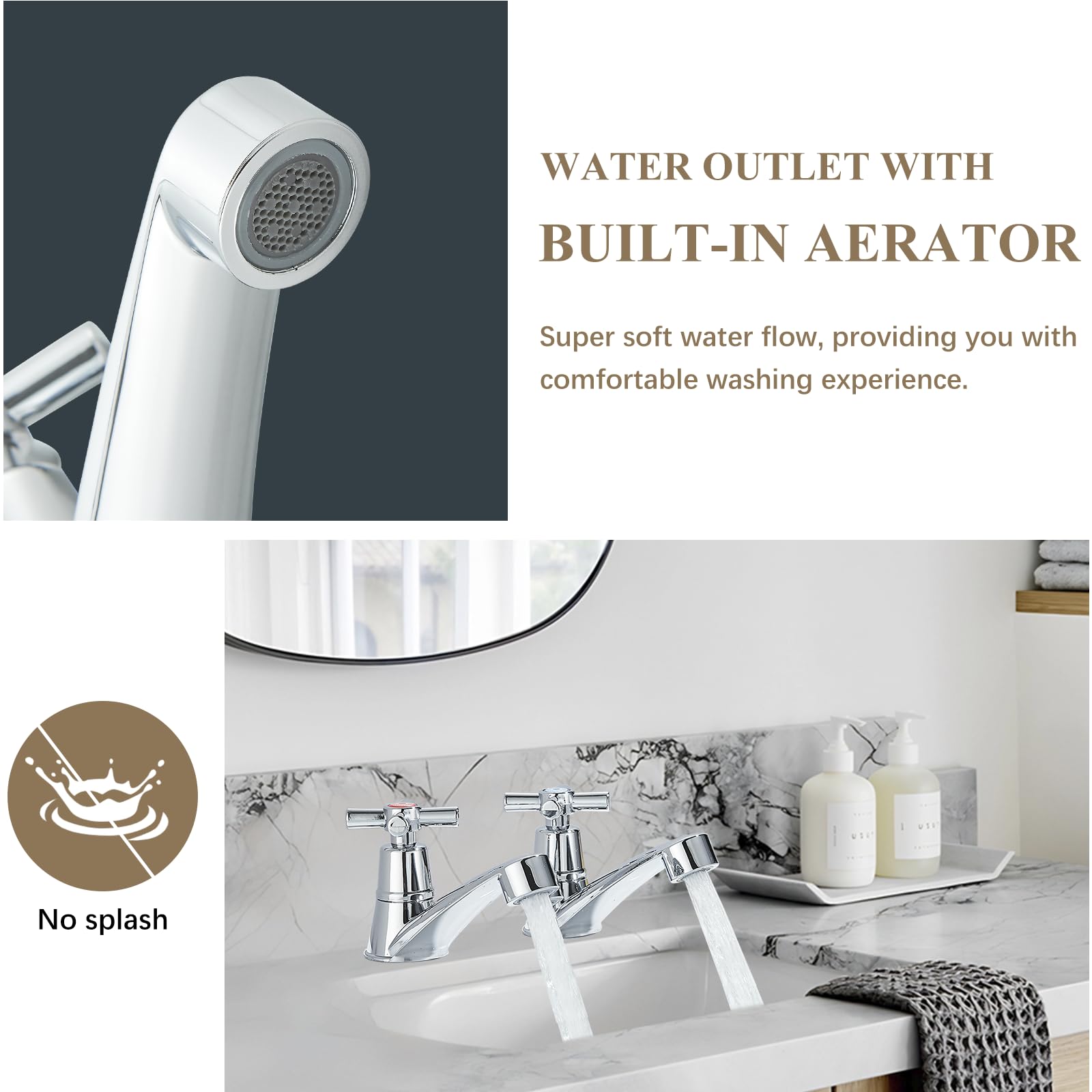 Hevenaov Basin Pillar Taps Pair Bathroom Sink Taps Victorian Traditional Chrome Cross Lever Two Wash Bathroom Faucet 2 Holes Mono Hot and Cold Water G1/2 - Image 4
