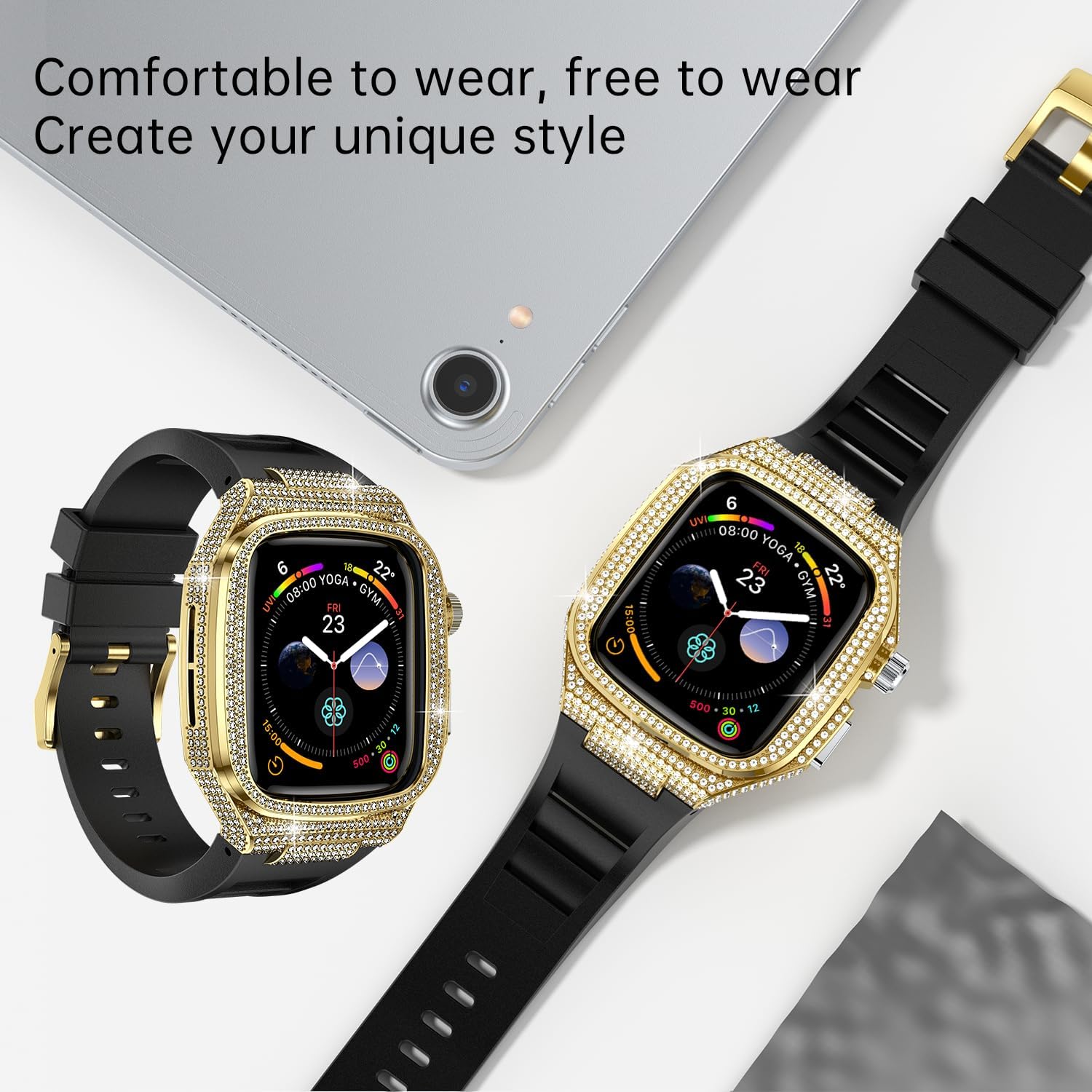 Bling Diamond Case with Band for Apple Watch 46mm 45mm 45mm 42mm, Compatible with Iwatch Series 11 10 9 8 7 6 5 4 SE3 2 1, Gold Case and Correa Para Apple Watch, Luxury Apple Watch Band for Man