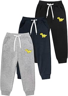VOGRYE Boys Sweatpants 3 Pack Jogger Pants with Pockets Drawstring Waist | elastic waistband machine washable soft stretchy breathable lightweight all season sizes 2t to 14y sports school play