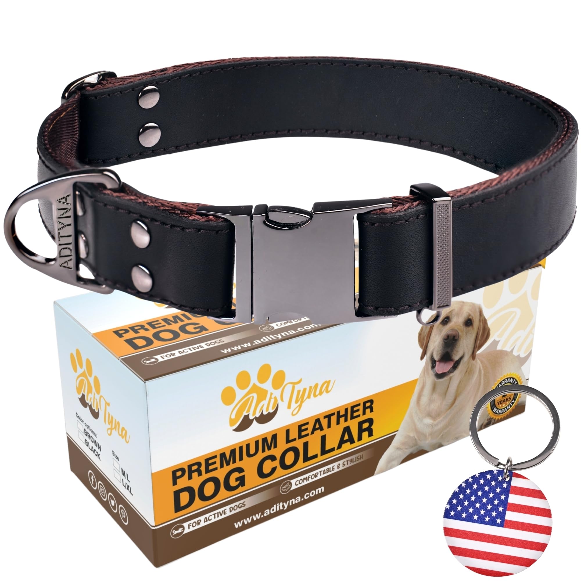 ADITYNA - Collar de cuero para perro con hebilla de metal para perros medianos y grandes - Collar táctico de cuero resistente, ajustable y de cuero (negro, se adapta a cuellos de 15 a 21 pulgadas)