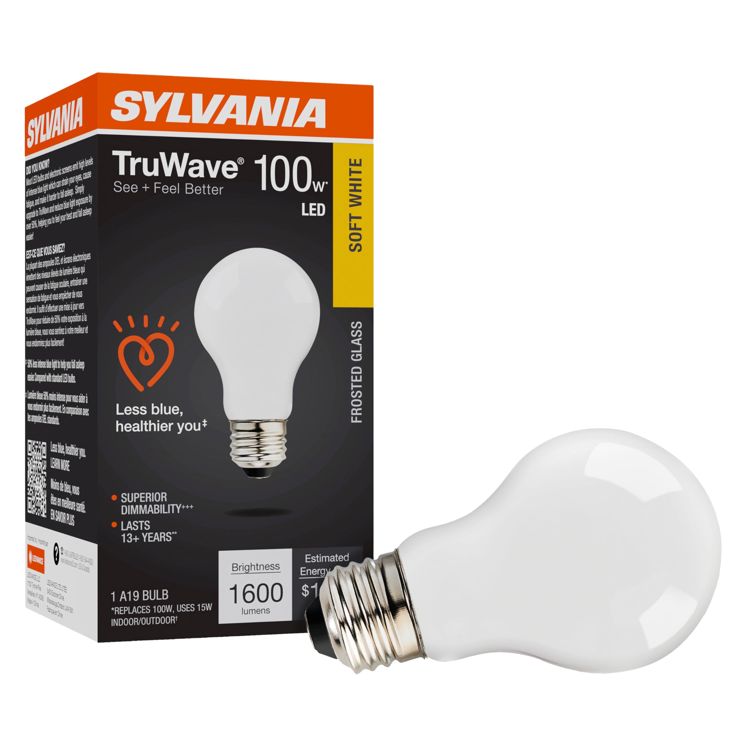 Sylvania LED TruWave Natural Series A19 Light Bulb 100W Equivalent Efficient 15W 1600 Lumens Medium Base Dimmable Frosted