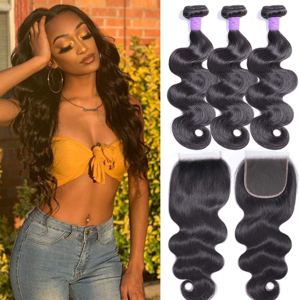 Brazilian Body Wave Virgin Hair Bundles with Lace Closure 14 16 18 +12 Unprocessed Human Hair Extensions Body Wave Hair Bundles with Free Part Lace Closure Natural Color for Black Women