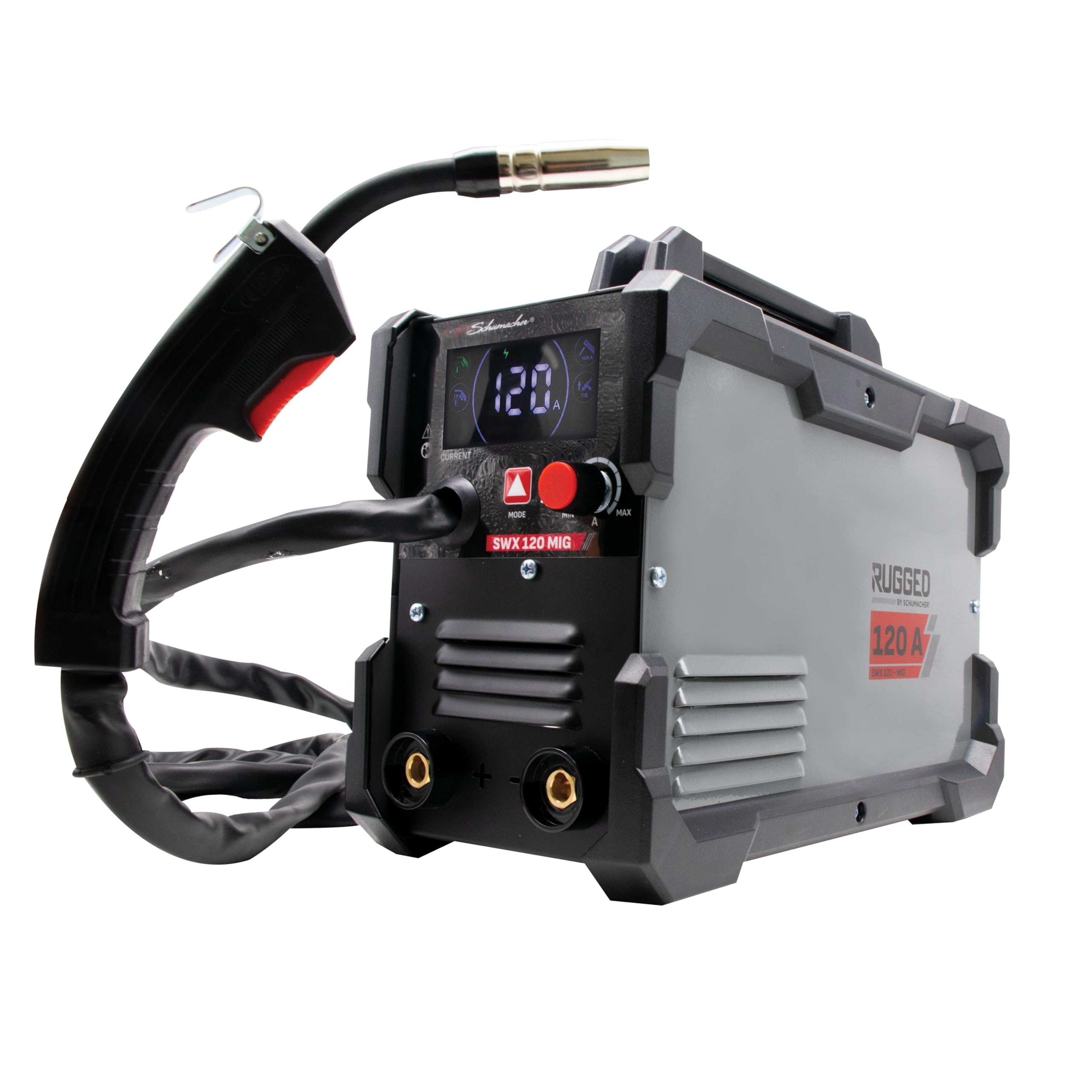 Schumacher Electric - SWX 120: saldatrice MIG con inverter da 120 A, senza gas, 230 V – Torcia MIG Direct + MMA – Filo tubolare da Ø 0,6–0,9 mm – Elettrodi da Ø 1,6–3,2 mm – Display LCD – 2 rulli