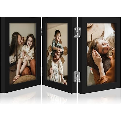 decorUhome Triple 4x6 Picture Frame Vertical, Engineered Wood Trifold Photo Frame with Plexiglass for Tabletop Display, 4x6, Black