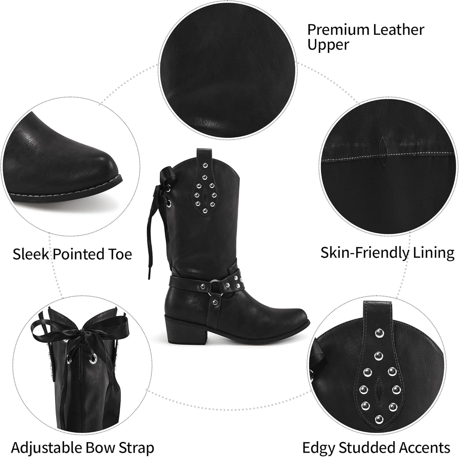 Aomigoct Western Cowboy Boots for Women: Leather Mid Calf Fashion Chunky Cowgirl Boot Pointed Toe