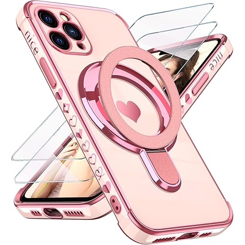 for iPhone 11 Pro Max Love Heart Kickstand Case with Screen Protector: Luxury Plated Gold Edge Slim Soft TPU Full Camera Shockproof Protection Case Cover for iPhone 11 Pro Max 6.5" (Pink)