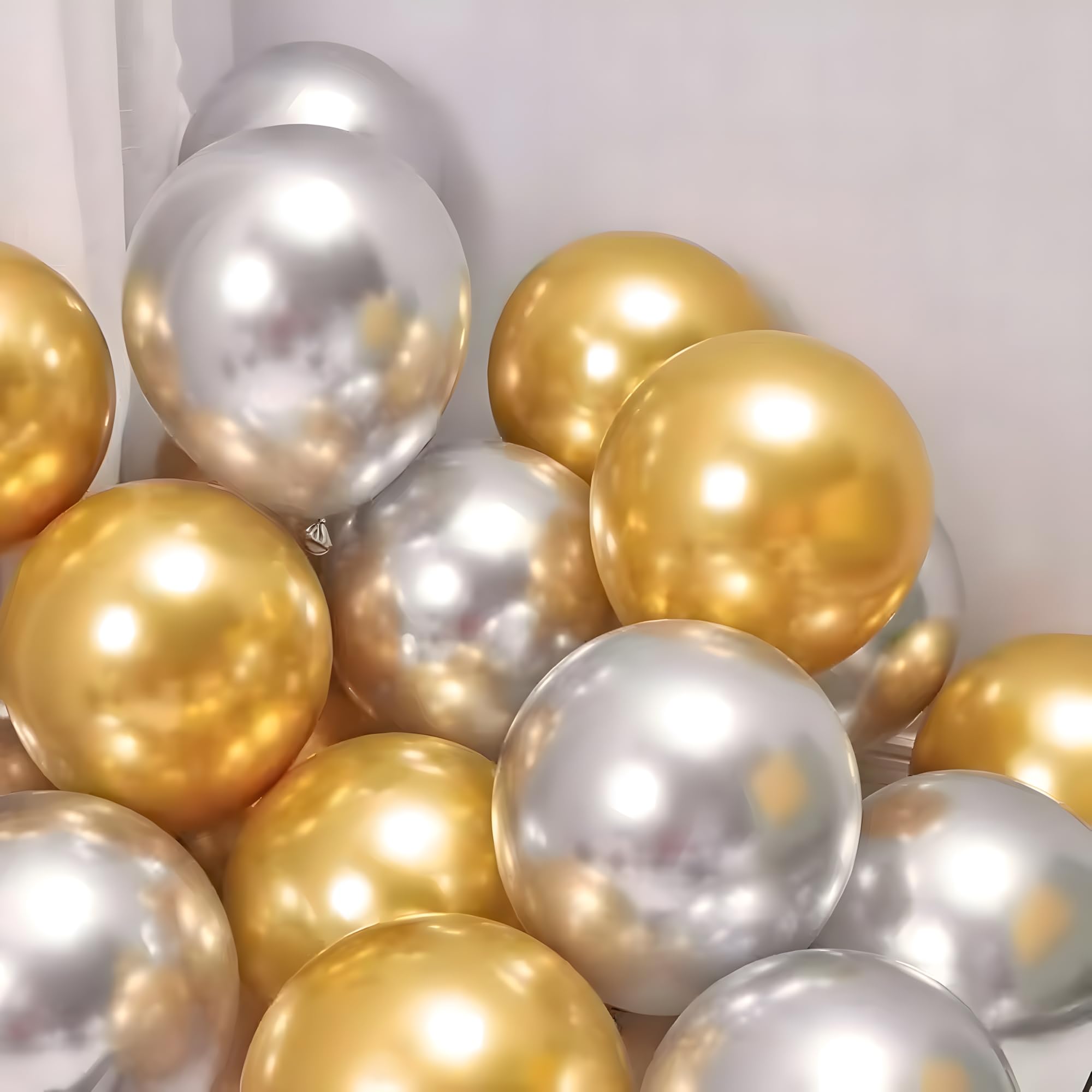 Juzfun Chrome Balloons for Birthday Decoration Kit Metallic Gold & Silver 20 pcs Latex Glossy Finish Party Balloon for Wedding, Anniversary Celebration 10 Inch Helium & Air Supported