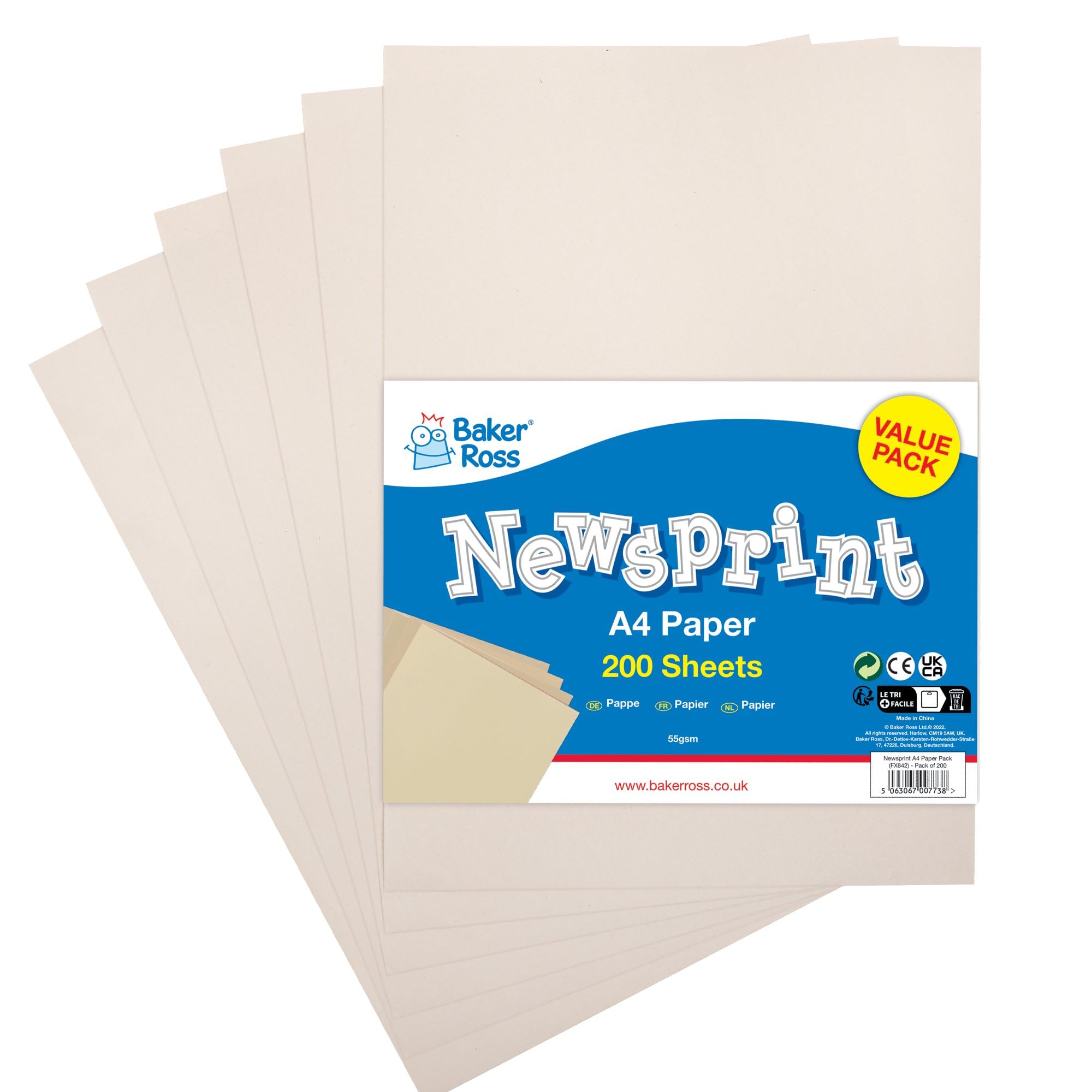Baker Ross FX842 A4 Newsprint Paper Pack - Pack of 200 Sheets, 55gsm, Wrapping Paper, Packing Paper, Drawing, Craft Paper