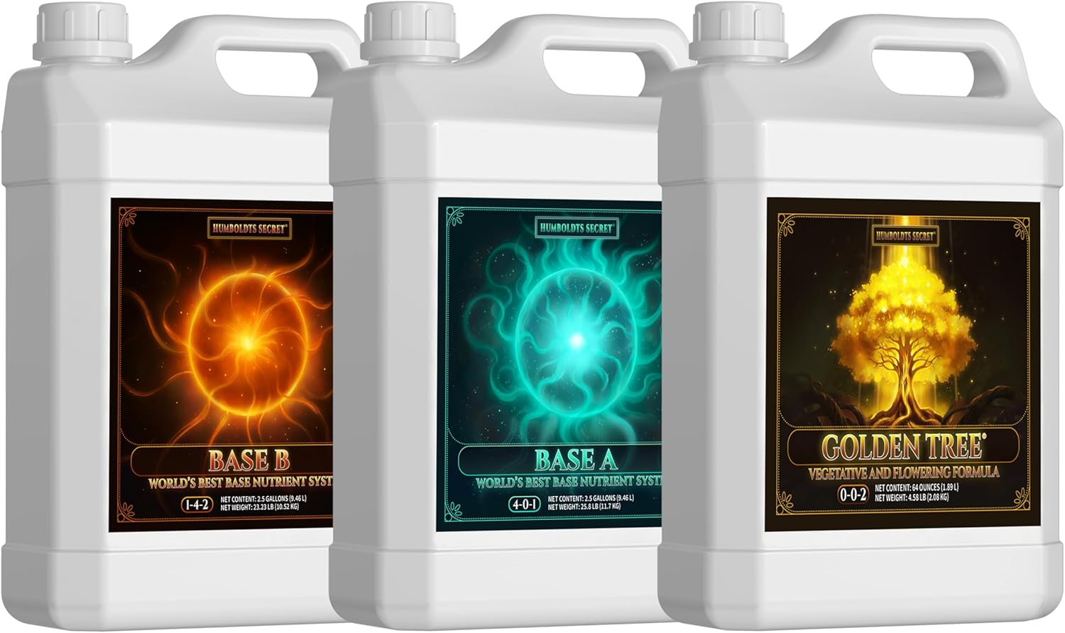 Humboldts Secret A & B Liquid Hydroponics Fertilizer - Nutrients for Outdoor, Indoor Plants (2.5 Gallon Set) w/Golden Tree – All-in-One Concentrated Additive – Vegetables, Flowers, & More (64 oz)