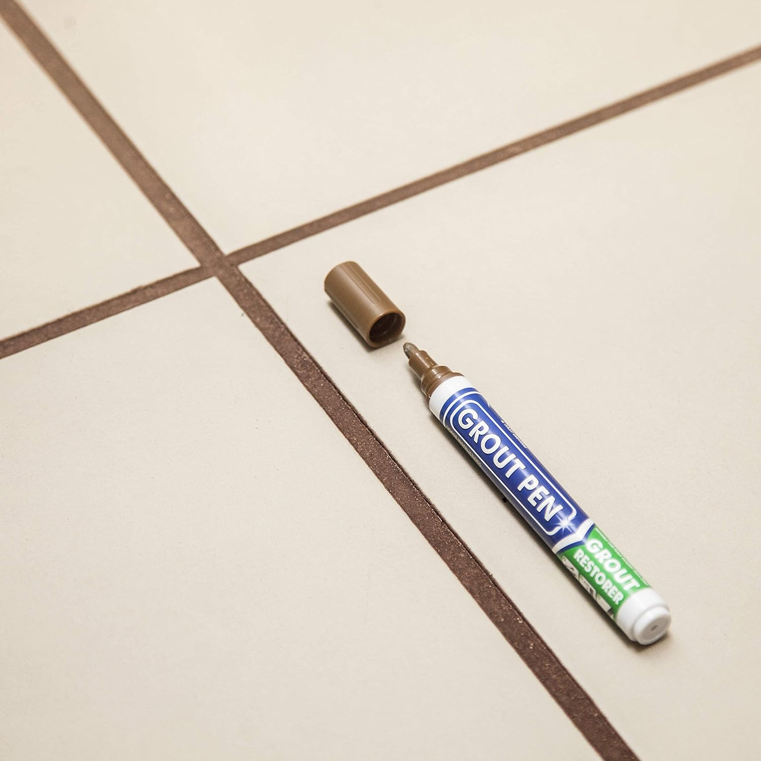 Grout Pen Tile Paint Marker: Waterproof Grout Colorant and Sealer Pen to Renew, Repair, and Refresh Tile Grout - Cleaner Coating Stain Pens - 2 Pack, 5mm Narrow and 15mm Wide Tip Pen - Brown - - 