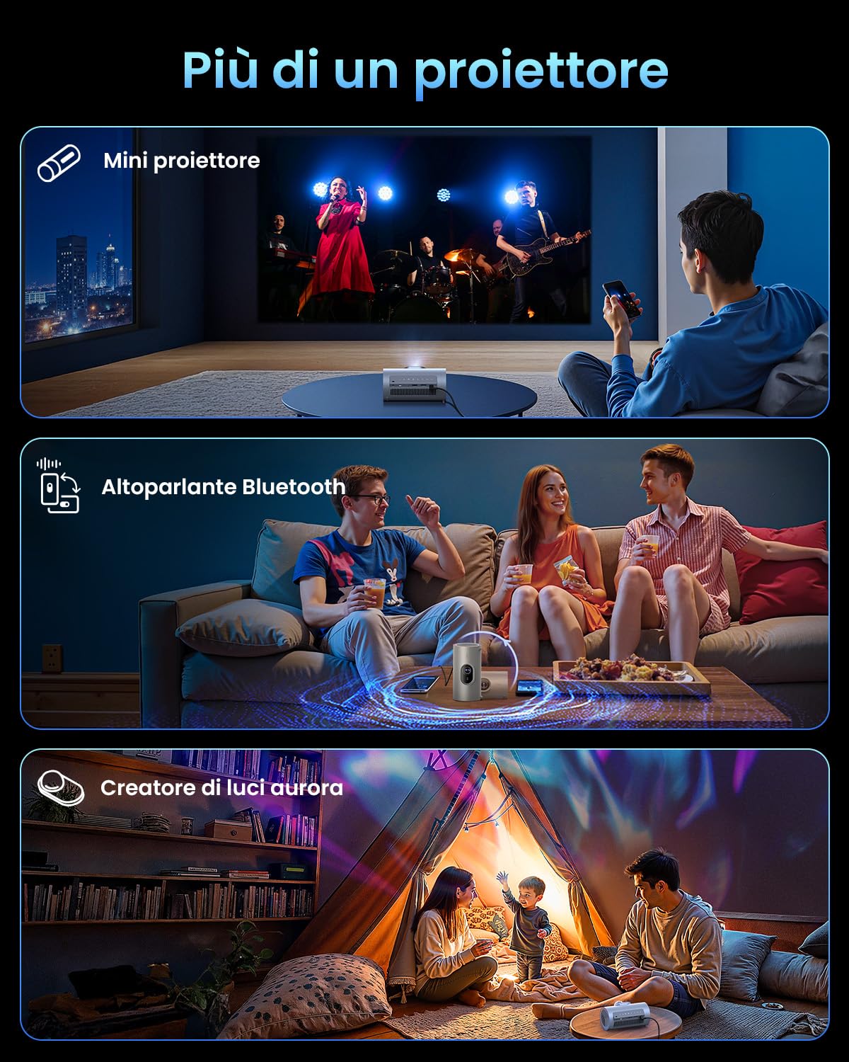 JMGO PicoPlay 1080P Proiettore Portatile Intelligente, GTV, Netflix, 400 ISO Lumen, 8W Dolby Digital, 3D Attivo, HDR10, Mini Proiettore con Wi-Fi e Bluetooth per Casa, Esterni, Include Liltro Ottico