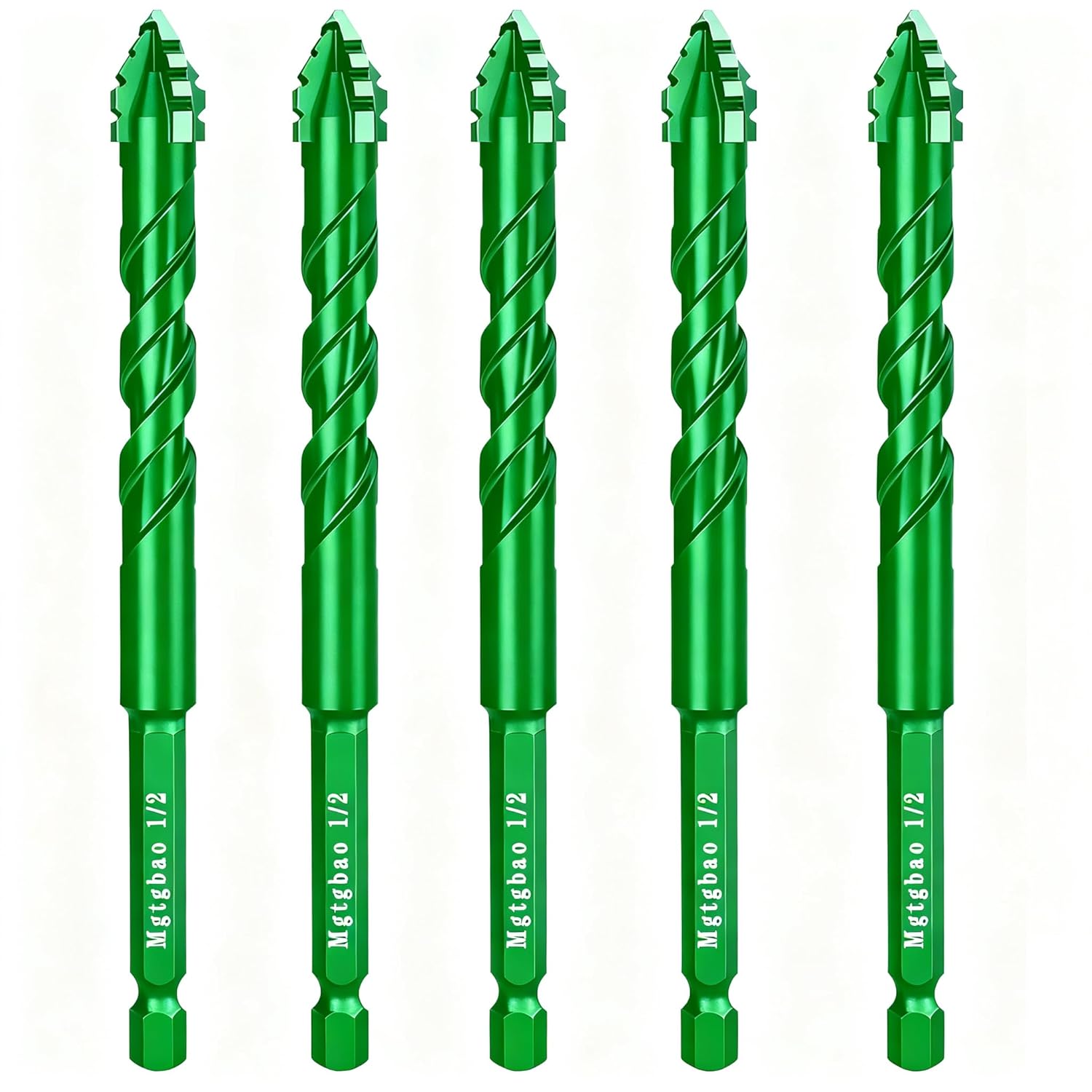 Mgtgbao 5PC Green 1/2” Upgraded 4-Flute Serrated Carbide Masonry Drill Bit Set, 12mm Serrated Concrete Drill Bit for Plastic Glass Brick Cement Tile Marble Wood.