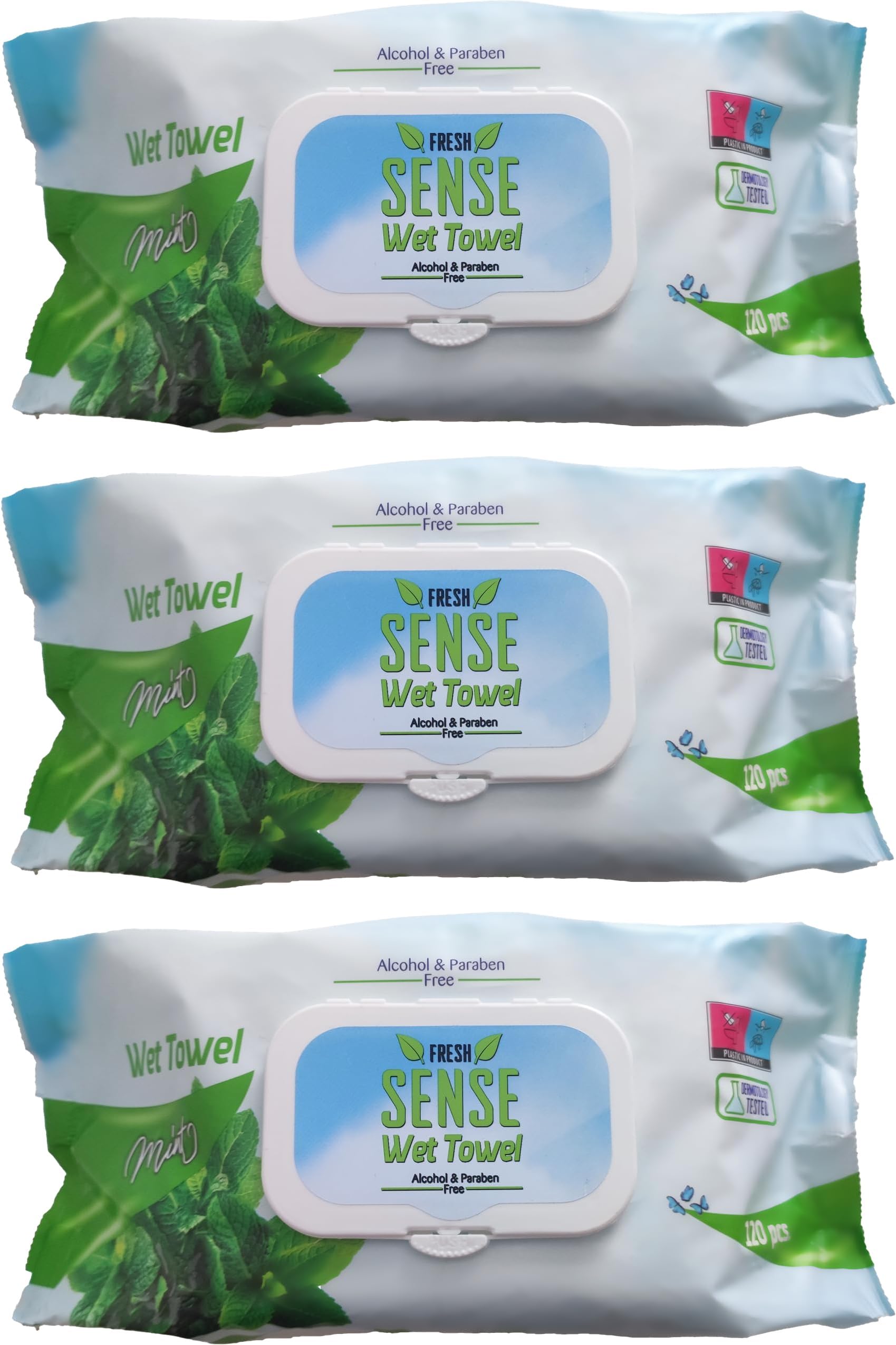 Fresh SenseBaby Wipes 98.6% Purified Water Wipe NO Alcohol Paraben 120 pcs PACK of 3 (TOTAL 360 pcs) Dermatologically Tested Thick, Protecting, Gentle Wet Wipes for Baby MINT