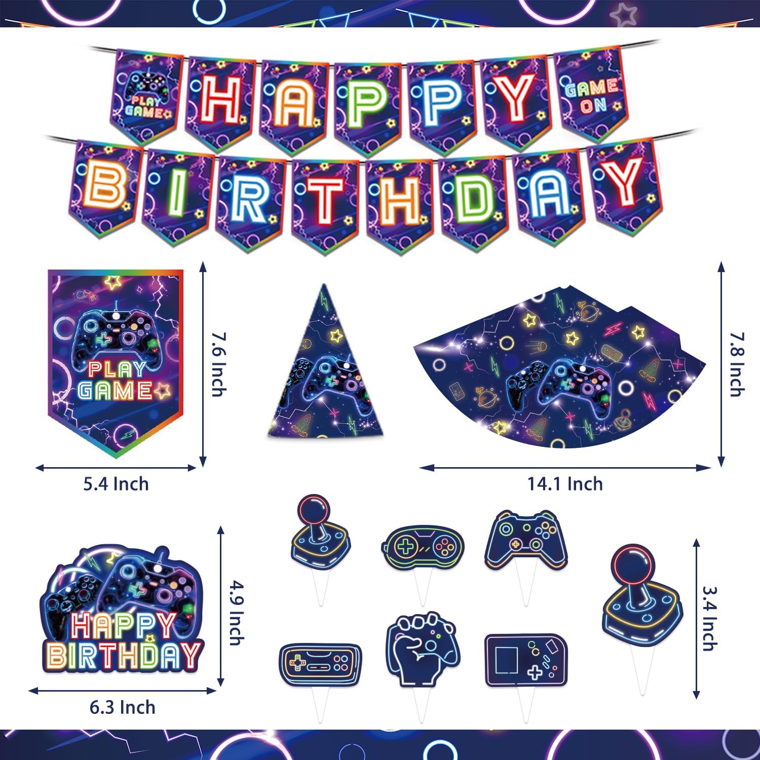 Mpanwen Video Game Party Supplies, 247Pcs Gamer Game Gaming Birthday Party Decorations Decor - Banner, Sticker, Balloons, Cake Toppers, Plates, Tablecloth, Hanging Swirls, Wall Signs Serves 16 Guests - Image 4