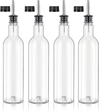4 Pack 25 oz Syrup Bottle Plastic Long Neck Bottle with Stainless Steel Leakproof Tapered Spout Pourer and Cap Alcohol Juice Coffee Container for Home Bar Service Bartending Supplies