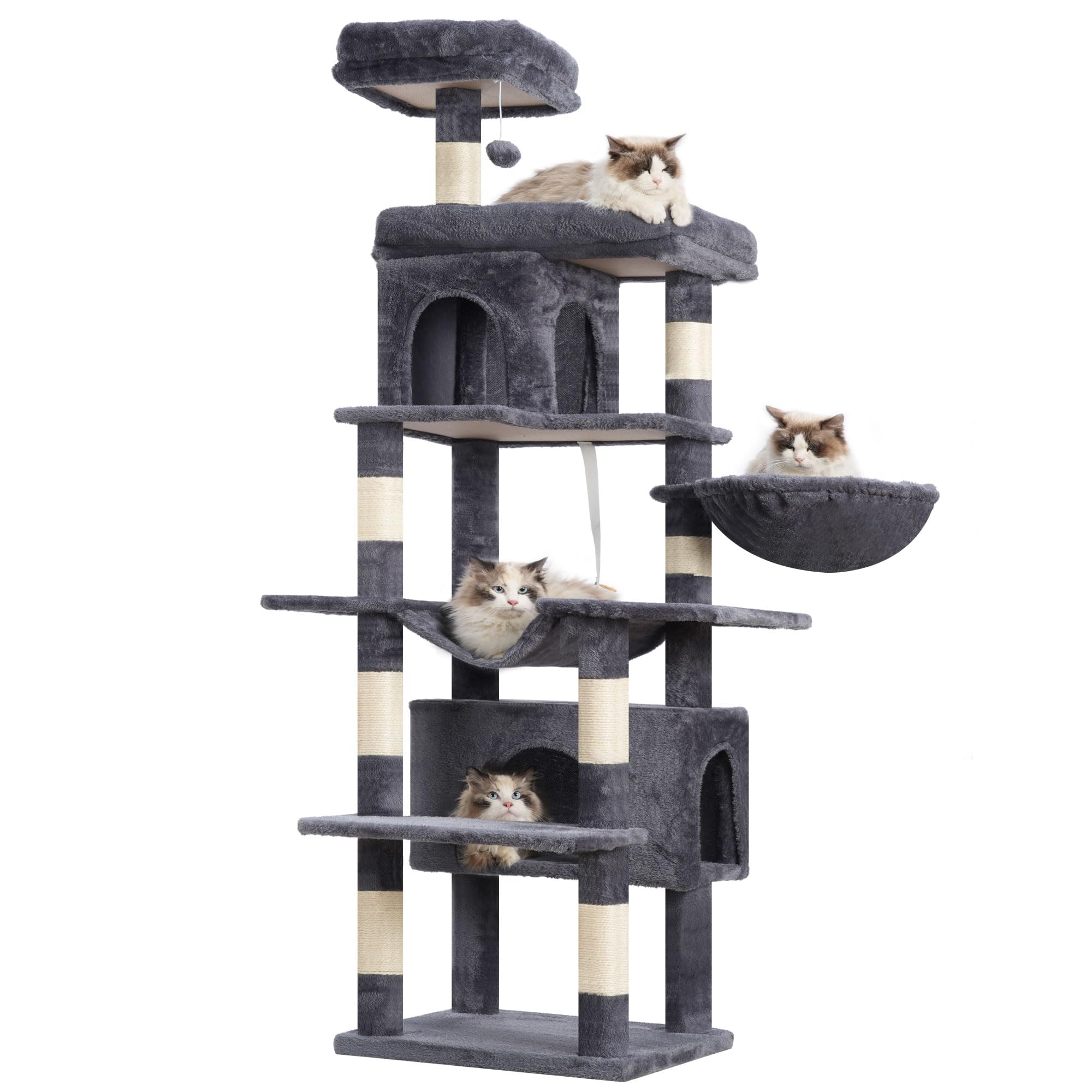 Heybly Cat Tree 70Inch Cat Tower For Indoor Cats Plush Multi-Tier Cat House With 8 Scratching Boards 2 Caves 2 Perches Hammock Basket Pompom, Smoke Grey HCT036G - 173cm - Smoke Grey