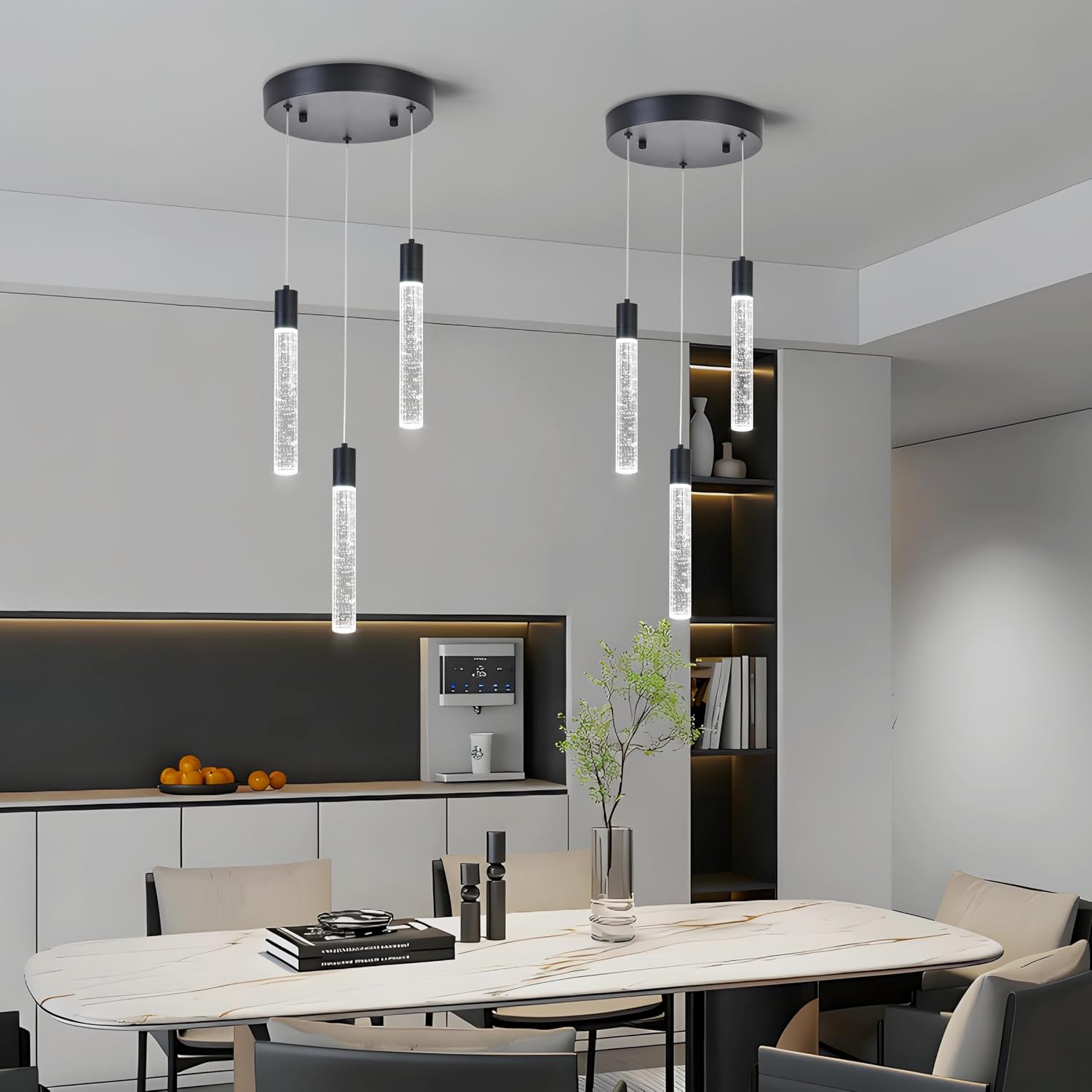 3 Light Pendant Lights Kitchen Island,Modern LED Bubble Crystal Pendants with Dimmable 3000K-6000K Ceiling Hanging Light Fixture for Dining Room Bedroom,Matte Black Finish,Adjustable Height 59"
