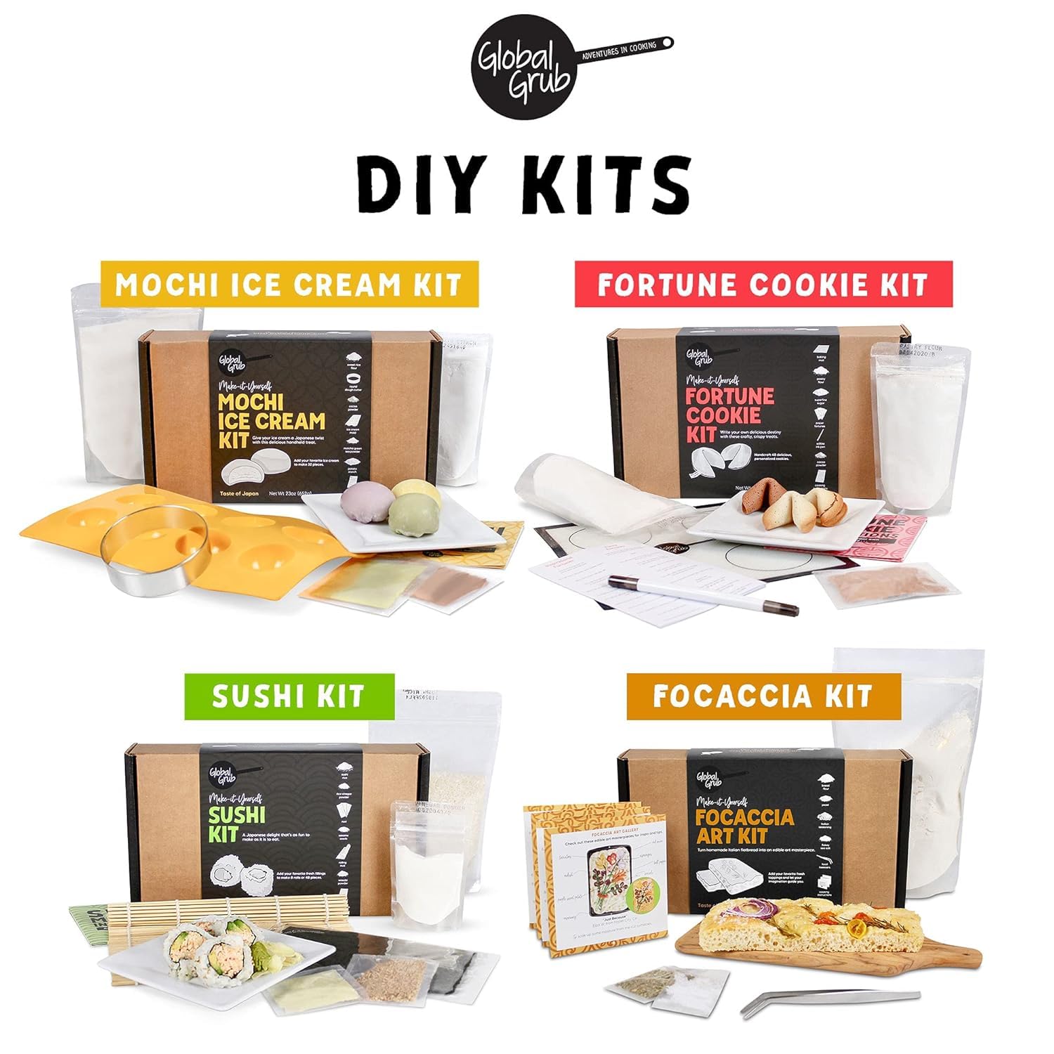 Global Grub Original DIY Mochi Ice Cream Kit - Kit Includes Sweet Rice Flour, Potato Starch, Matcha Powder, Cocoa Powder, Ice Cream Mochi Maker, Dough Cutter, Cooking Instructions. Makes 32 Pieces