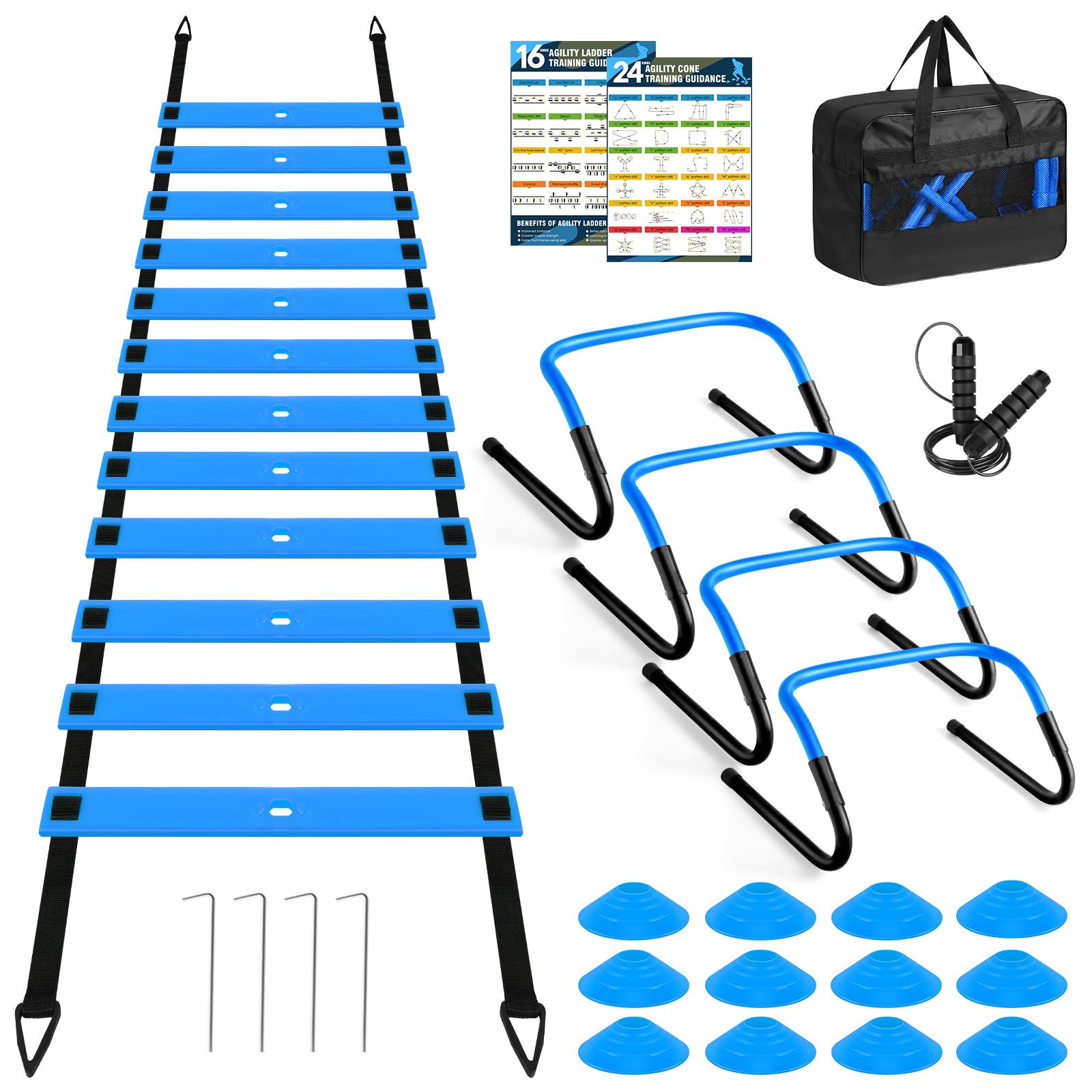 BORNEW Agility Speed Training Equipment Set, Football Practise Set with 20ft Agility Ladder, 12 Cones, 4 Adjustable Hurdles, Jump Rope, for Basketball