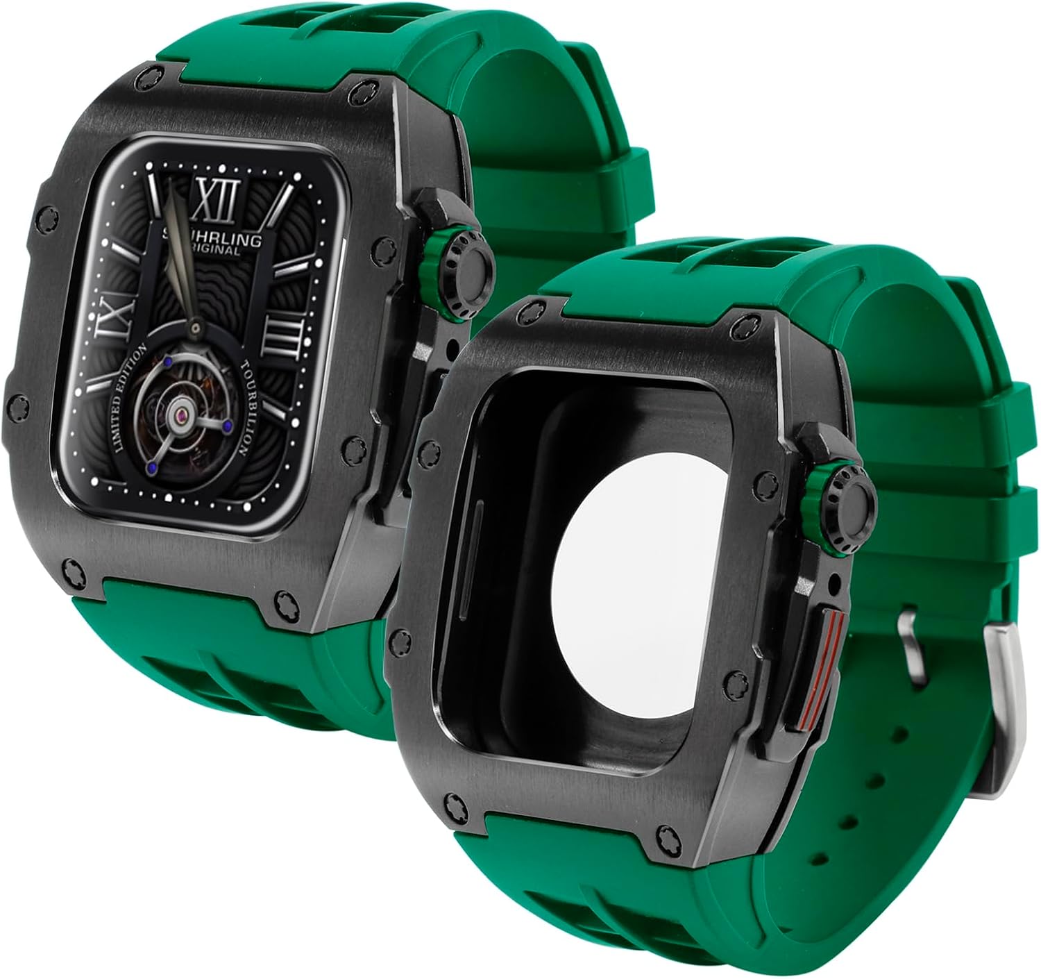 Refit Watch Bracelet Mod Kit For Apple Watch Series 8 7 45mm rubber strap Rm Style Metal Watch Case For Iwatch 6 SE 5 4 44mm Replacement Replacement Cover Strap Accessories (44/45 mm, Black