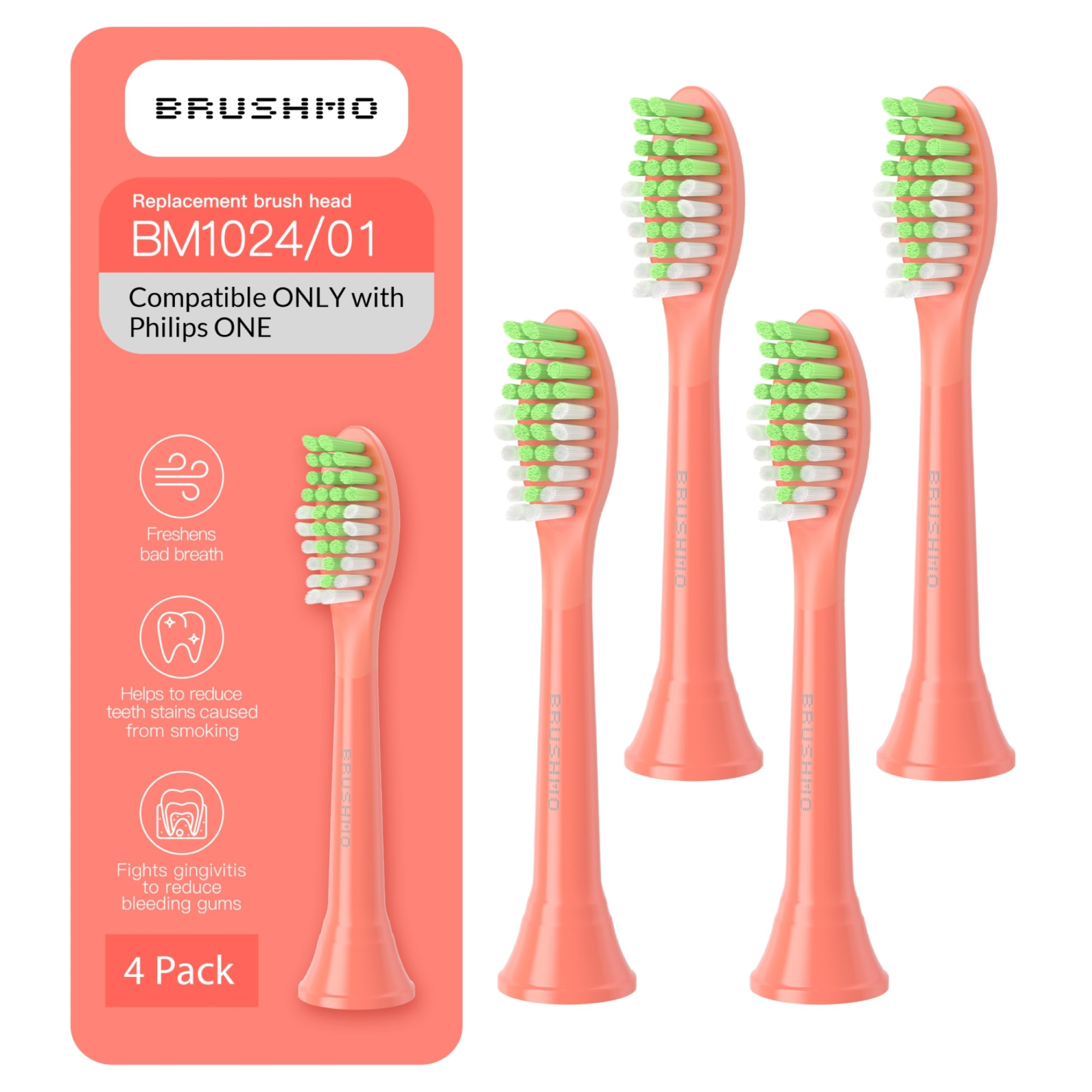 Brushmo Replacement Toothbrush Heads, Compatible with Philips One for Sonicare Electric Toothbrush Handles HY1022, 4 Standard Heads with Tongue Cleaner, Soft Dupont Bristles, BM124m, Miami Coral