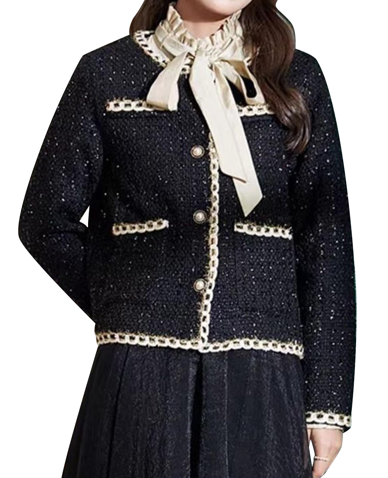 Womens Tweed Blazers Long Sleeve Crewneck Open Front Cropped Lightweight Plaid Work Business Jackets