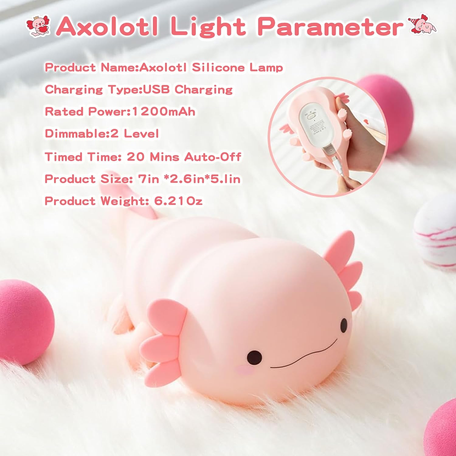 Axolotl Lamp,Cute Axolotl Night Light,Dimmable Silicone Animal Nursery Night Light,Adorable Rechargeable Squishy Novelty Bedside Touch Lamp,Baby Room Decor, Axolotl Gifts for Kids/Girls - Image 7