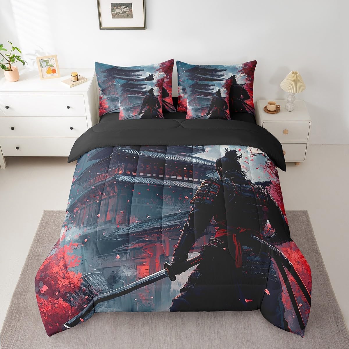 Feelyou Japanese Samurai Comforter Set Queen 7 Pcs Cherry Blossoms Kids Japanese House Vintage Building Bedding Set Japanese-Style Bed in a Bag with Comforter, Sheets, Pillowcases & Cushion Cover