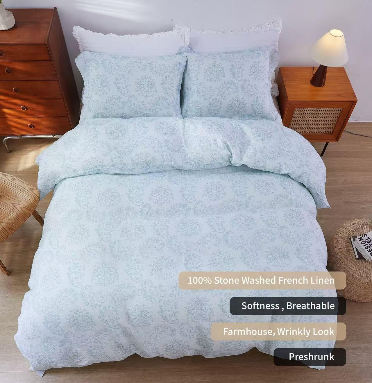 100% French Flax Linen Duvet Cover Set Queen Size, 3pcs Digital Botanical Printed Paisley Floral Bedding Comforter with Button Closure and 8 Corner Ties, Vintage Country Style(Paisley, Queen)