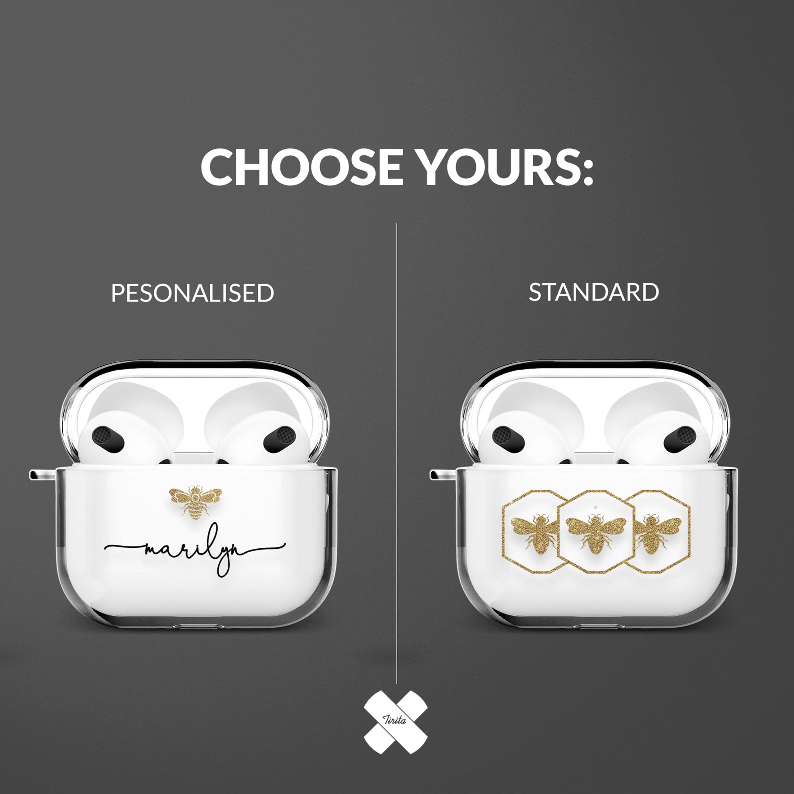 Tirita Personalised Custom Case Compatible with Apple AirPods 4th gen, Support Wireless Charging, with Carabiner, Front LED Visible [14- Golden Bee] — view 2