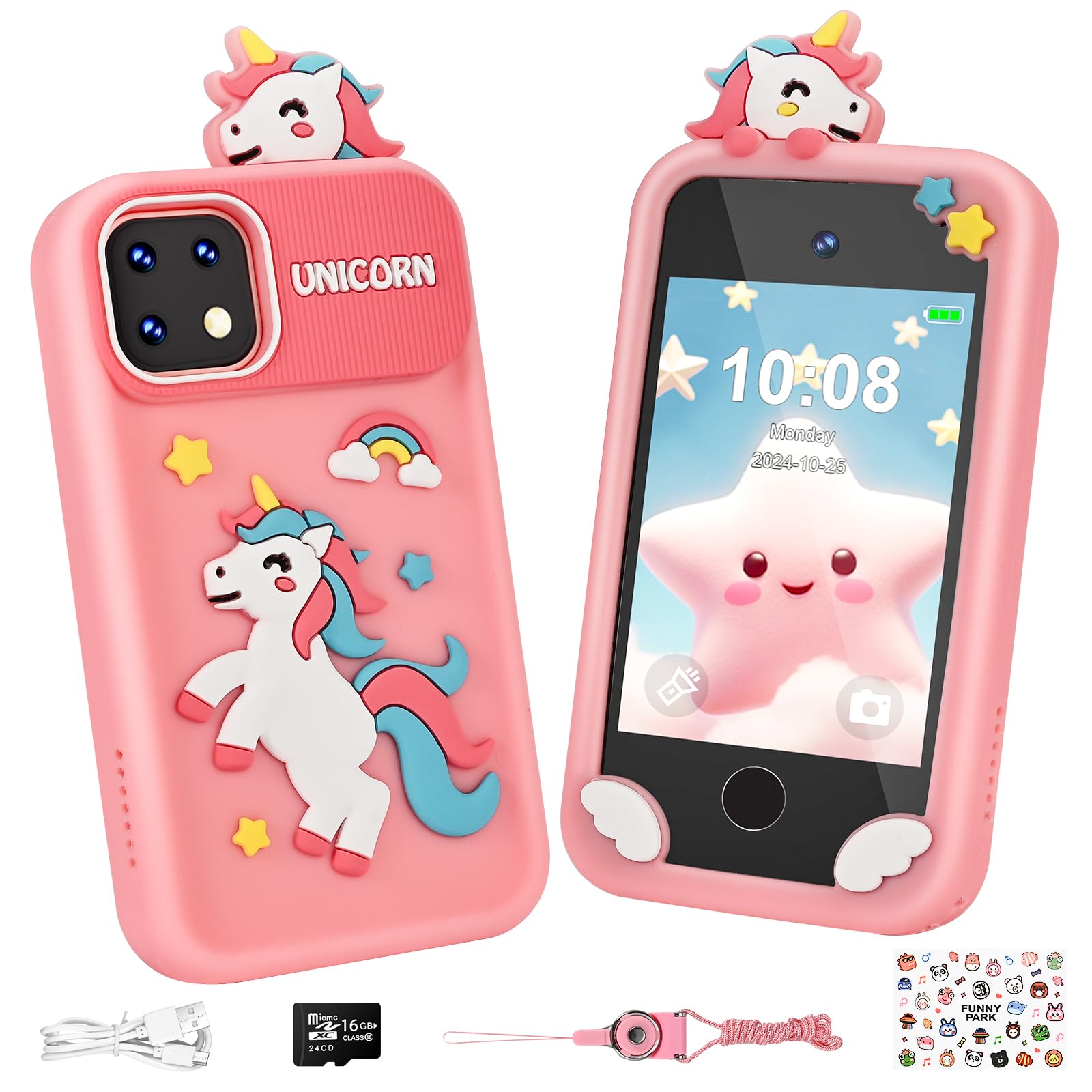 Kids Smart Phone for Girls, Christmas & Birthday Gift for 3-8 Years Old, 2.8 Inch Touchscreen Learning Toy with Dual Camera, 16GB Card & Holographic Projection