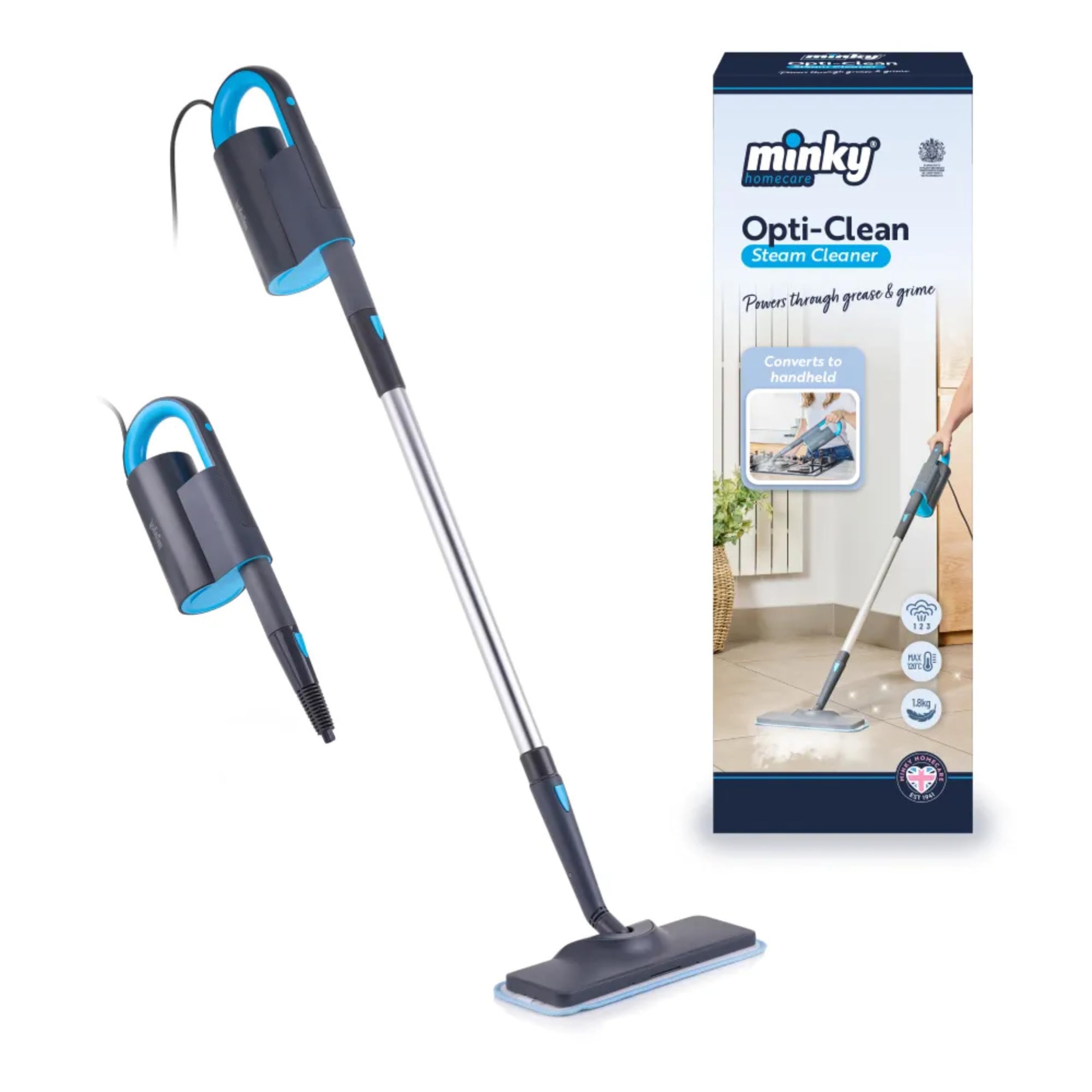 Minky Opti-Clean Steam Cleaner, Steam Mop & Handheld Cleaner for Various Surfaces, Lightweight & Compact, 6 Attachment & Storage Bag, 250ml Water Tank, 5m Cord, Powerful Steamer for Floor