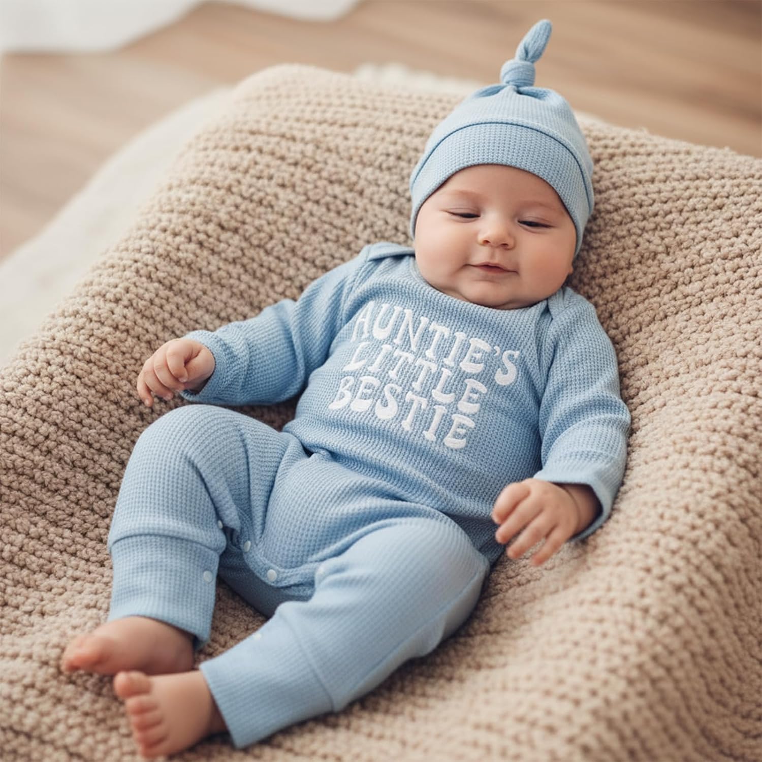 Aunties Bestie Newborn Outfit Baby Boy Fall Winter Clothes Long Sleeve Letter Romper Waffle Jumpsuit with Hat