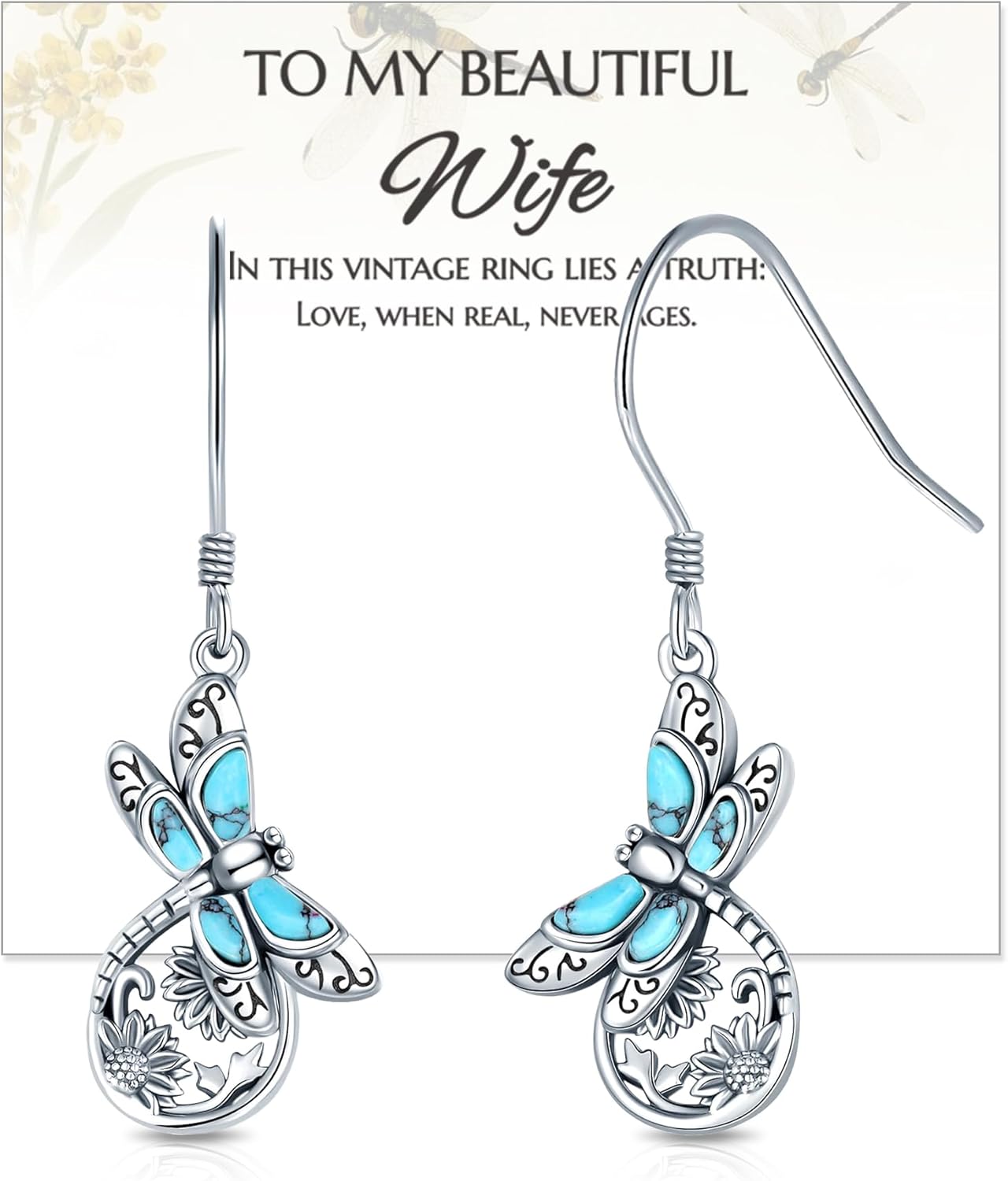 Jewelry Gift for Wife Birthday Anniversary - S925 Sterling Silver Turquoise Dragonfly Sunflower Vintage Bohemian Drop Earrings (Turquoise Dragonfly, Wife)