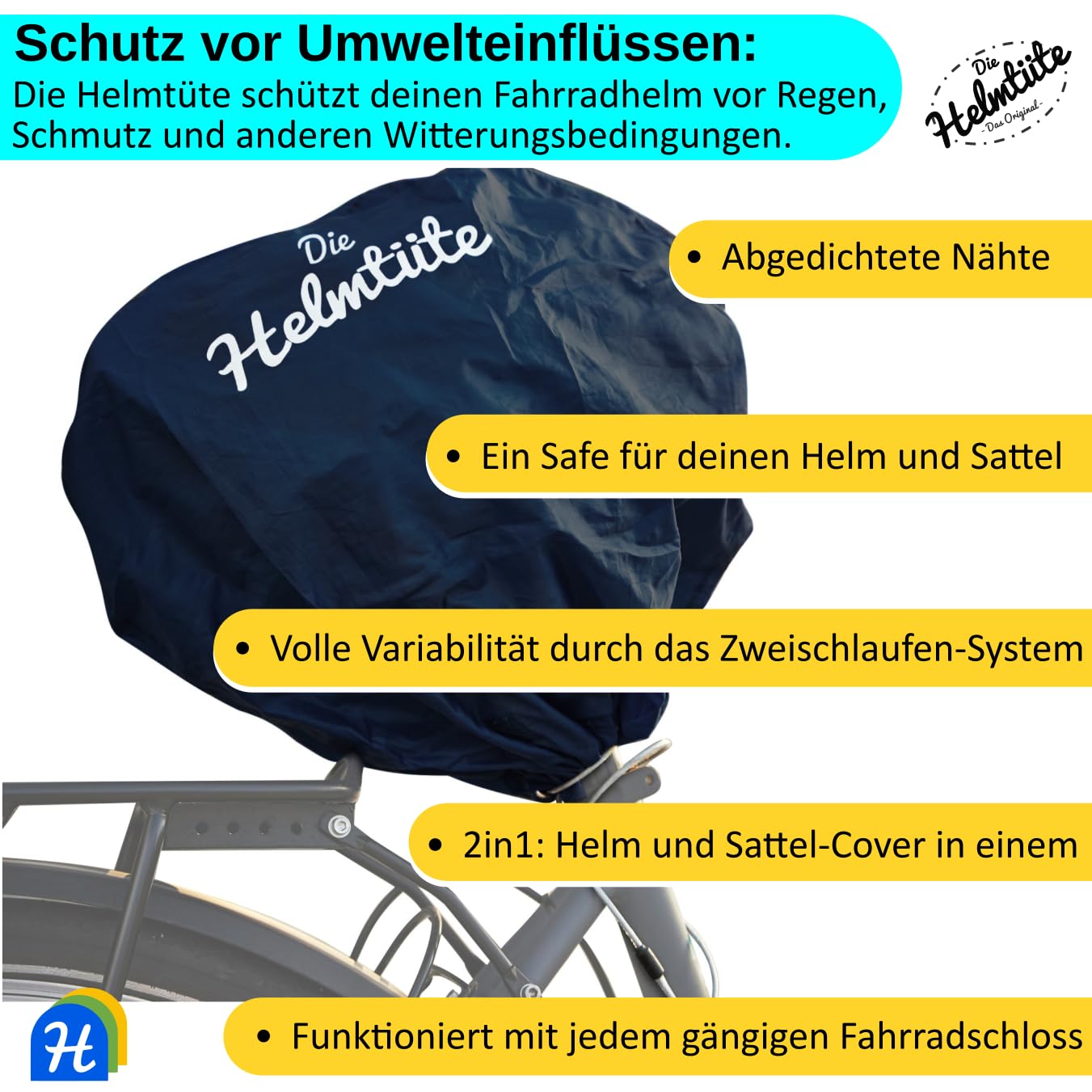 wasserdichte Helmtasche mit Diebstahlschutz; Fahrradhelm einfach am Rad verstauen, Helmschutz & Sattelschutz in einem - auch als Einkaufstasche nutzbar.