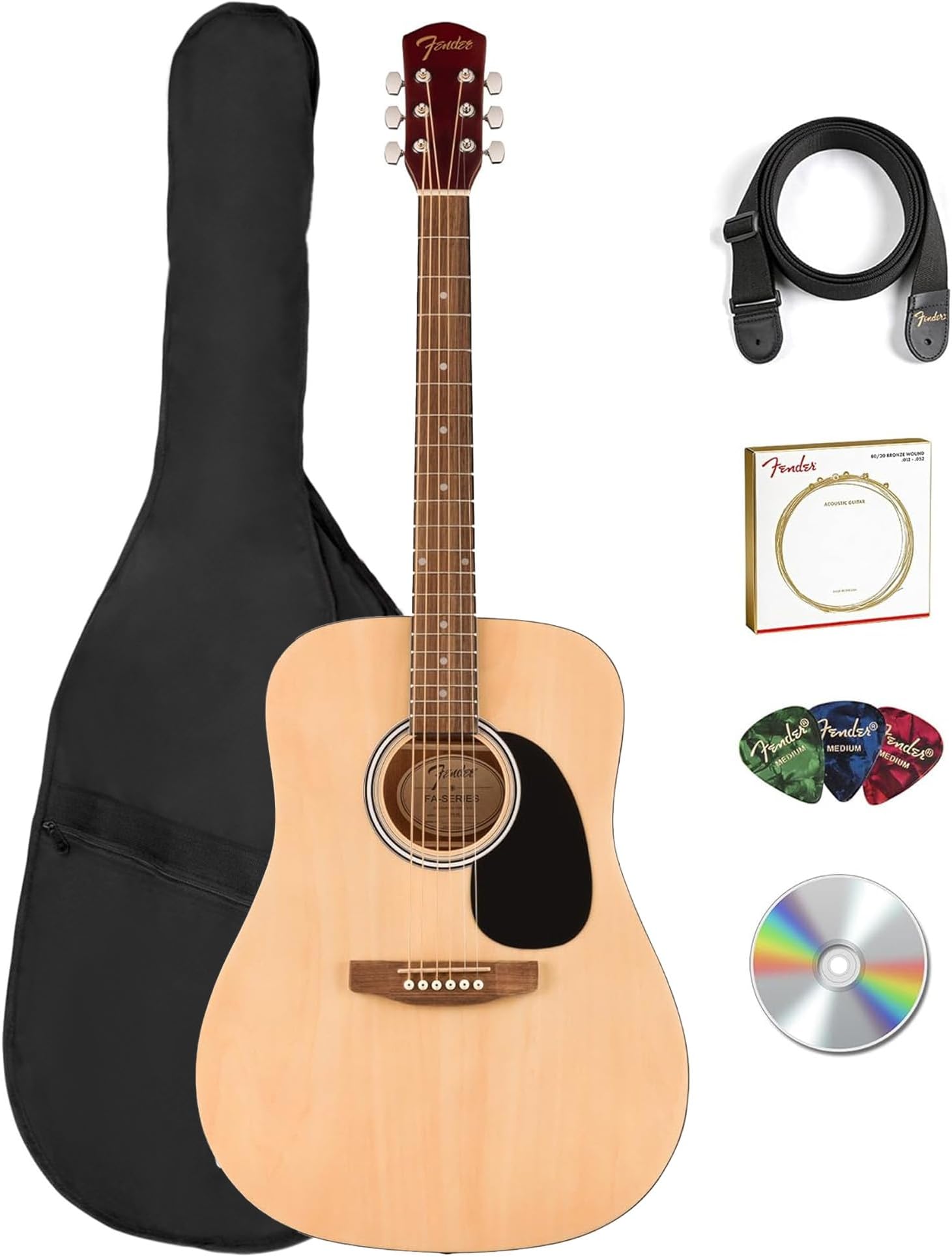 Fender Dreadnought Acoustic Guitar - Natural Bundle with Gig Bag, Strap, Strings, Picks, and Austin Bazaar Instructional Video
