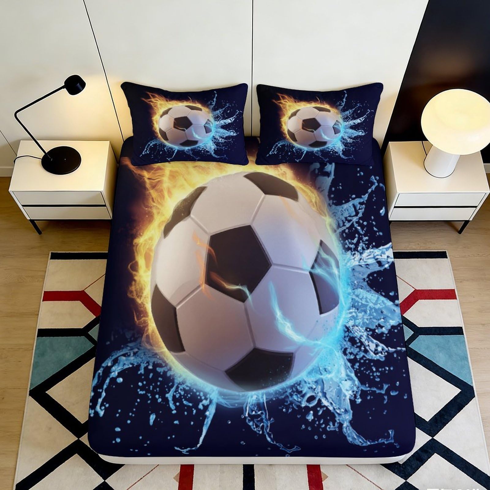 3D Printed Football Splash Fitted Sheet Microfiber Soft Bedroom Decor Soccer Flame Mattress Cover for Home Dorm 90x200x25cm