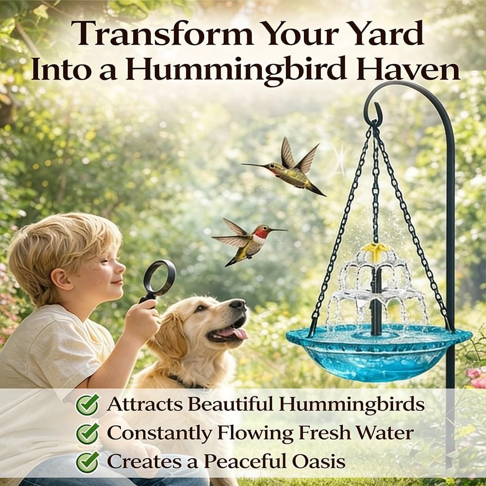 Solar Cascade Hanging Bird Bath Fountain Outdoor Hanging Birdbath with Solar Pump Large Glass Bowl Hummingbird Baths Fountain Water for Patio Yard Balcony Tree Backyard Garden Decor Gift