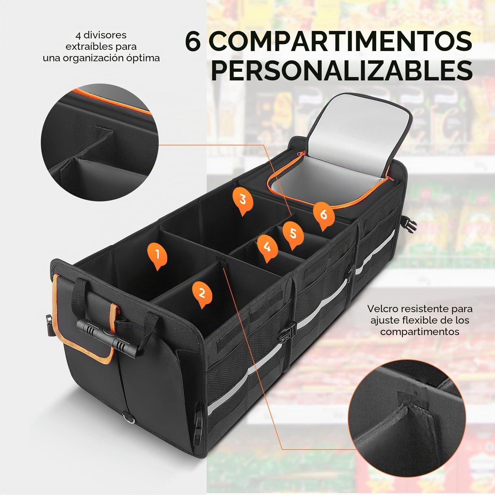 105L Organizador de Maletero Coche y SUV - con Bolsa Refrigerante Organizador de Coche para Almacenamiento - Caja Plegable con 2 Compartimentos Estándar - Base Antideslizante -Tapa Extraíble