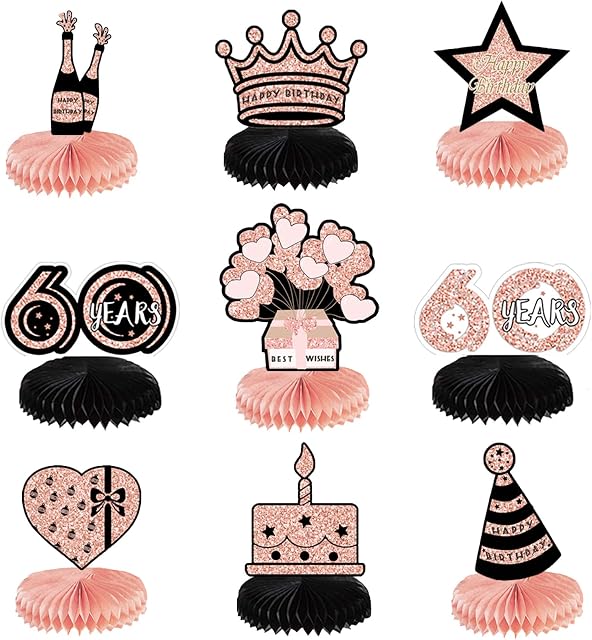 60th Happy Birthday Honeycomb Centerpieces, 9PCS 60th Birthday Party Decoration Rose Gold Honeycomb Table Toppers Table Centerpieces for Women 60th Birthday Party Decoration Party Supplies