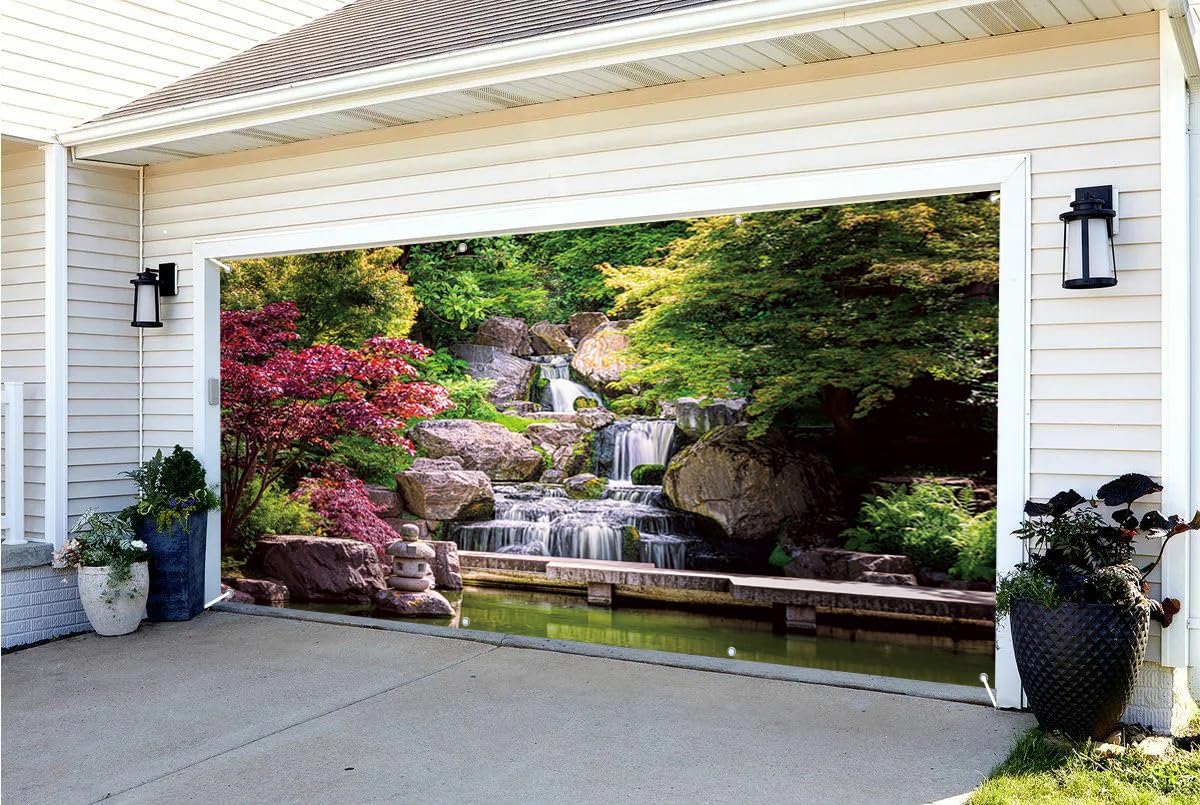 7x16ft Mountain Nature Scene Garage Door Decor Waterfalls Slate Bridge Lush Forest Red Maple Tree Spring Theme Garage Door Cover for Seasonal Atmosphere Garage Door Decor